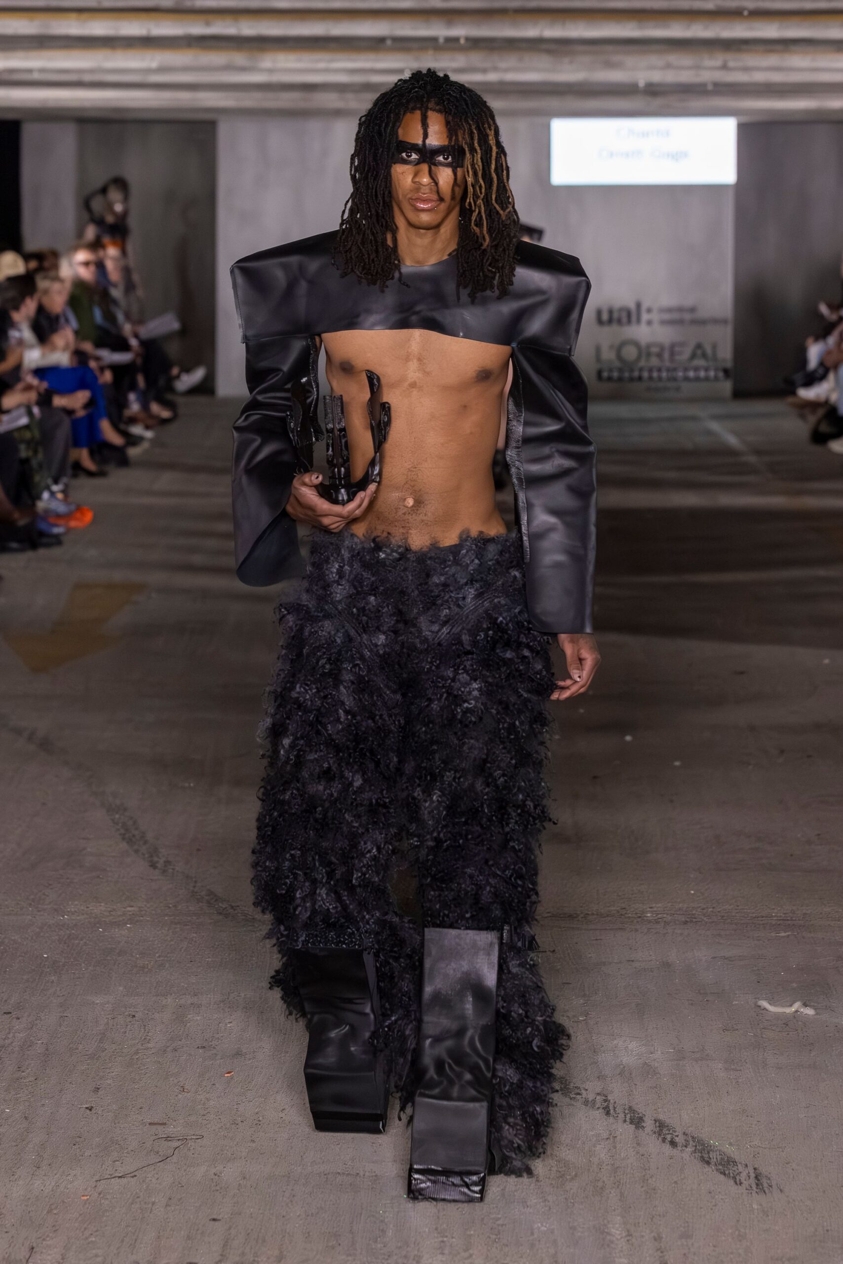black leather long-sleeve collared structured jacket