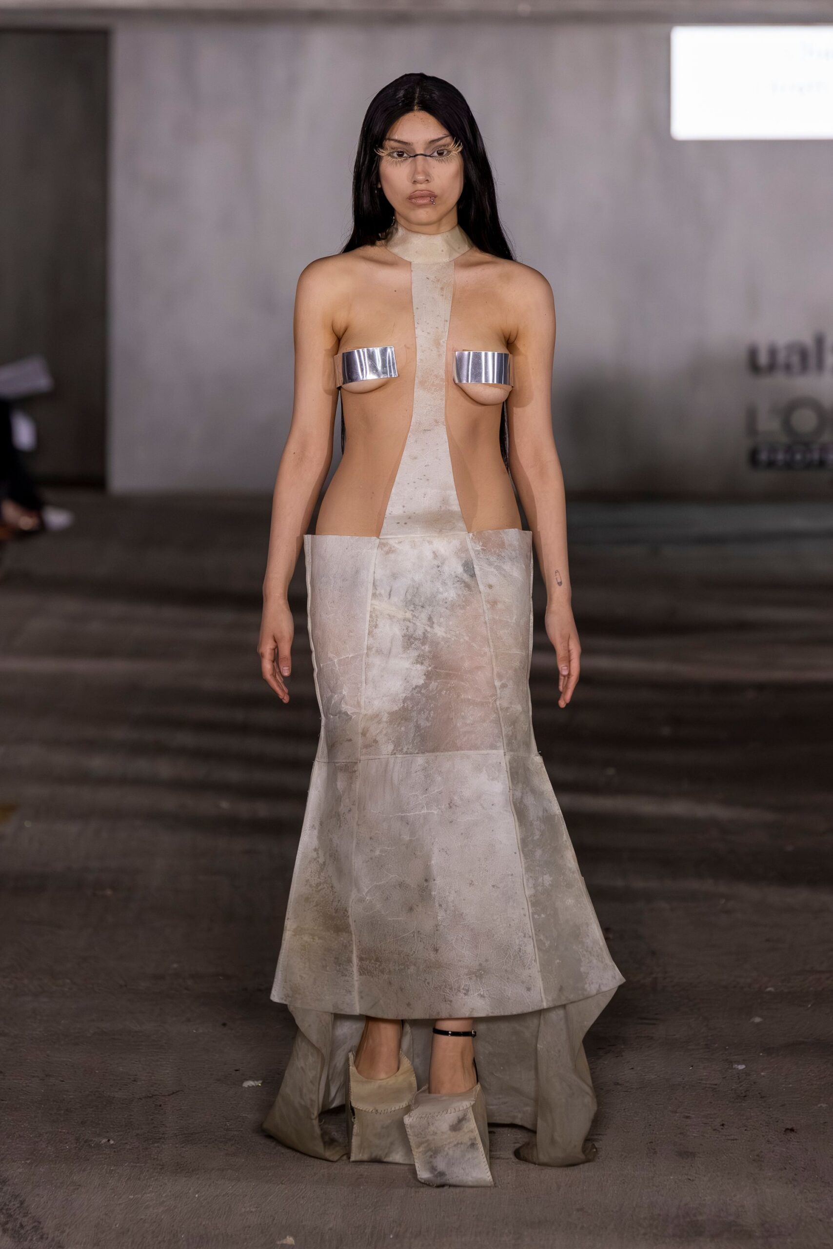 gray silk sleeveless high-neck fitted sheer maxi gown
