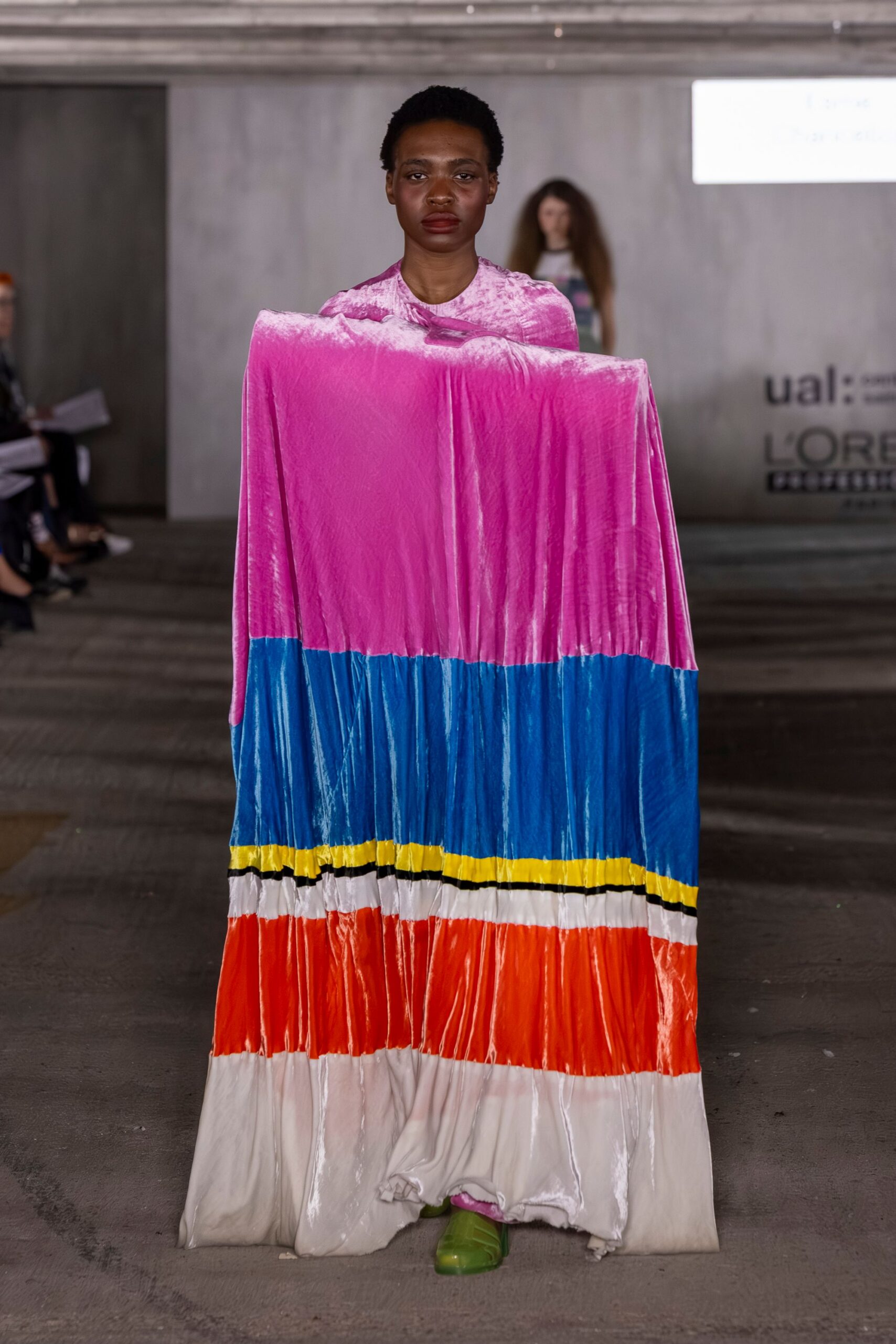 pink velvet long-sleeve relaxed tiered flowing maxi gown