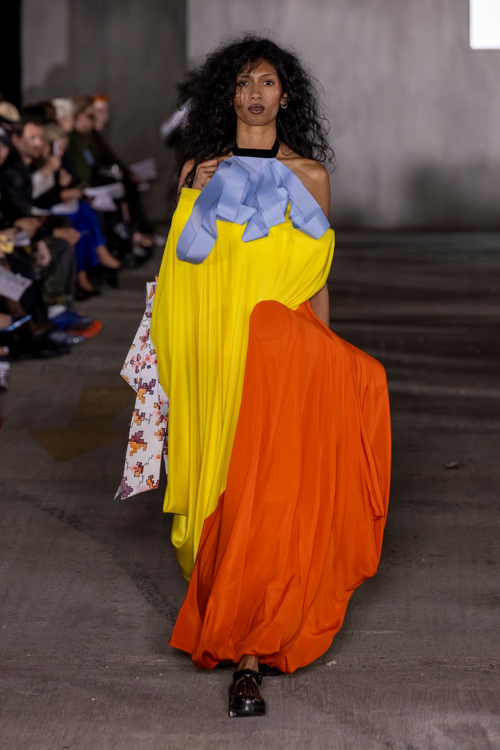 yellow sleeveless off-shoulder relaxed draped dress