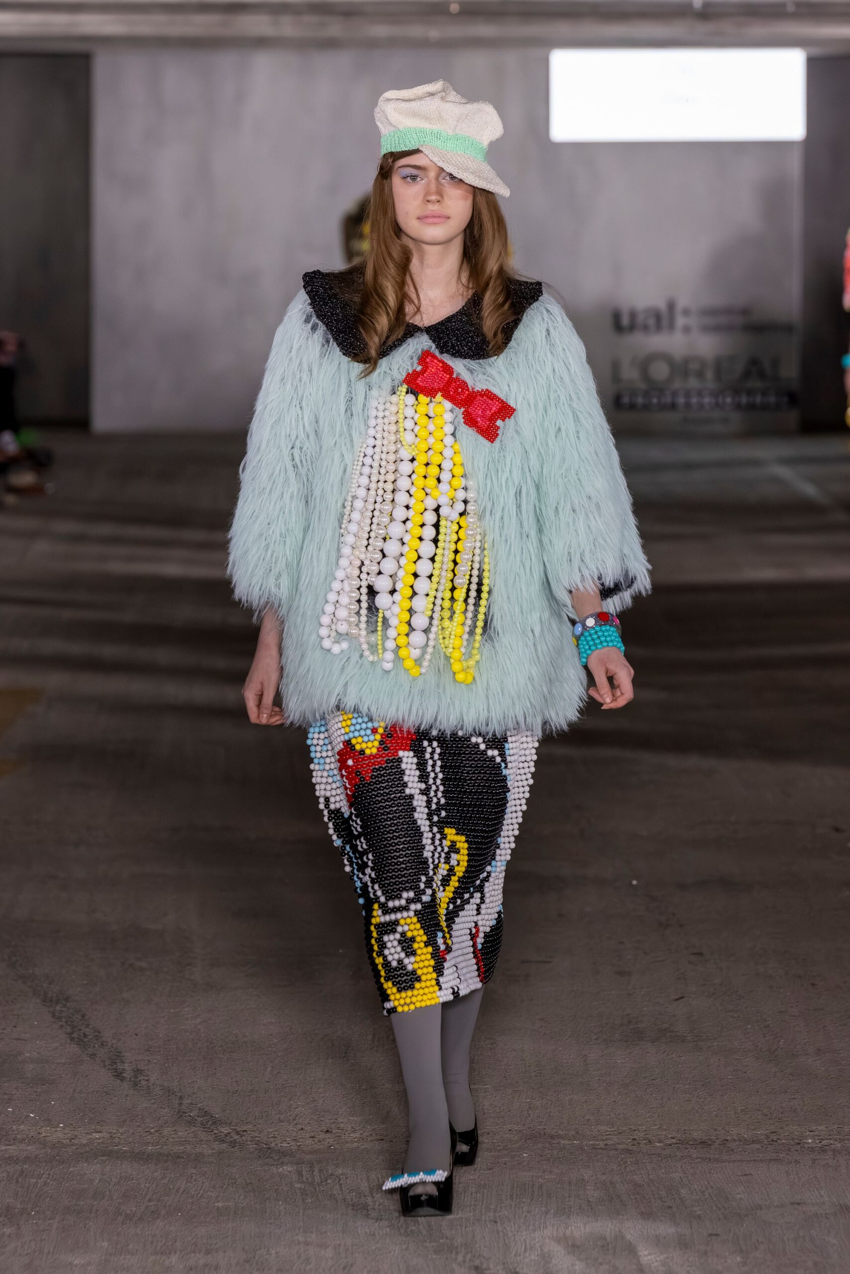 blue faux-fur long-sleeve collared relaxed fringed top