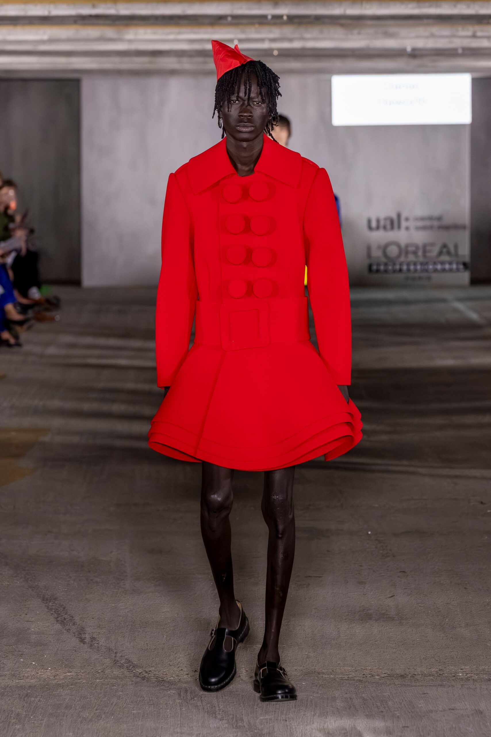 red cotton long-sleeve collared fitted pleated mini dress