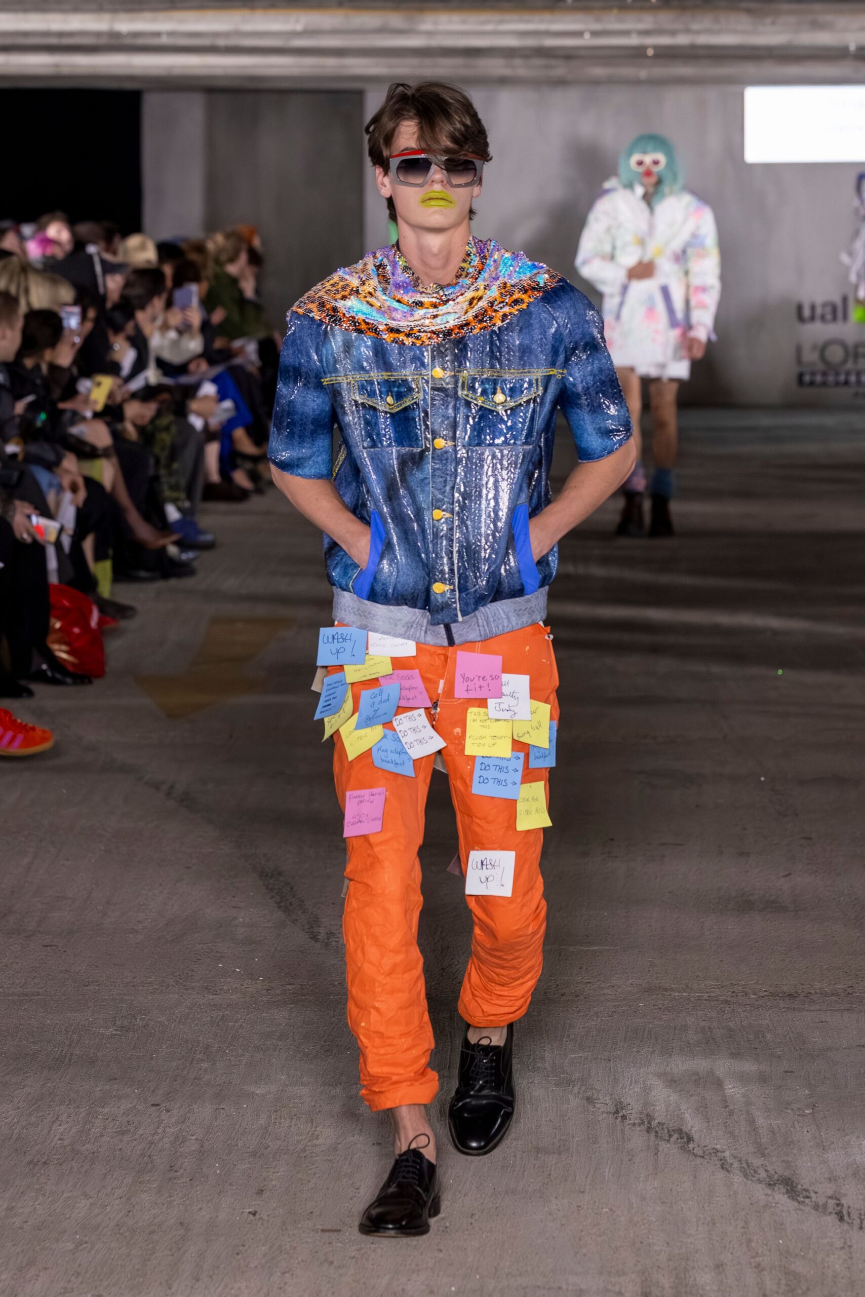 blue denim short-sleeve collared fitted layered embroidered jacket