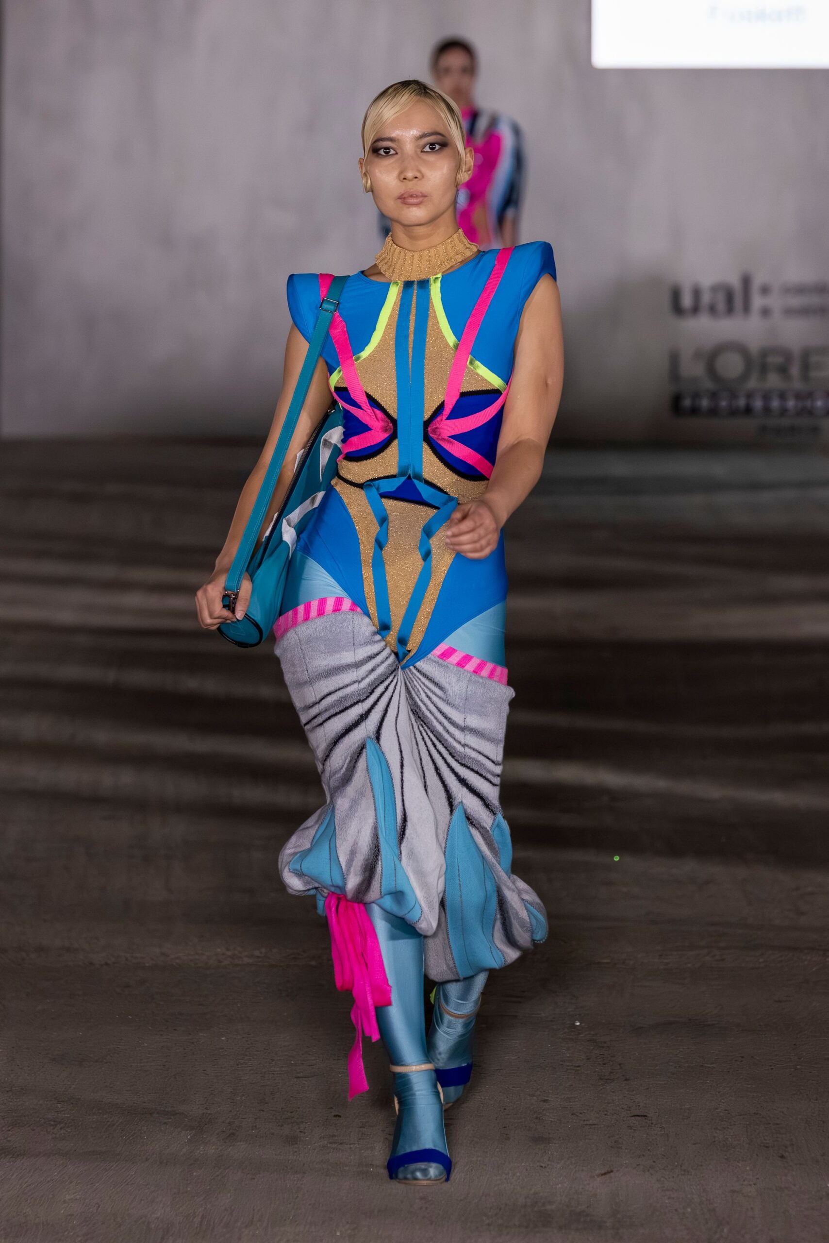 blue cotton sleeveless v-neck fitted pleated color-blocked dress