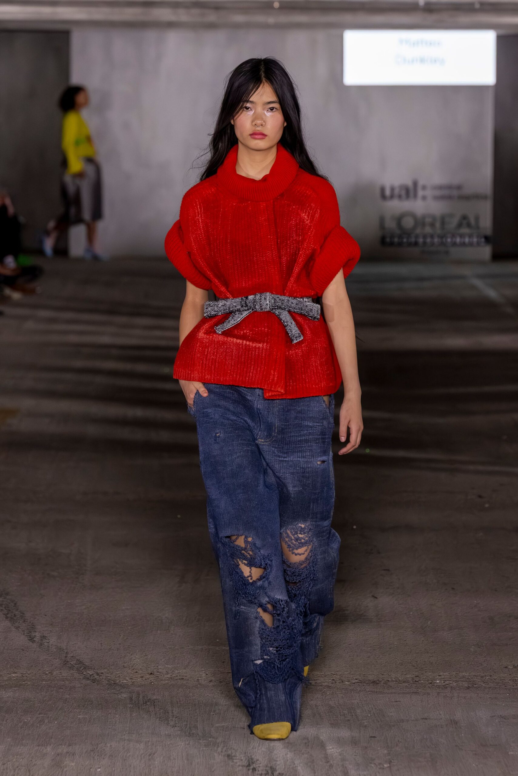 red wool short-sleeve collared relaxed belted layered top