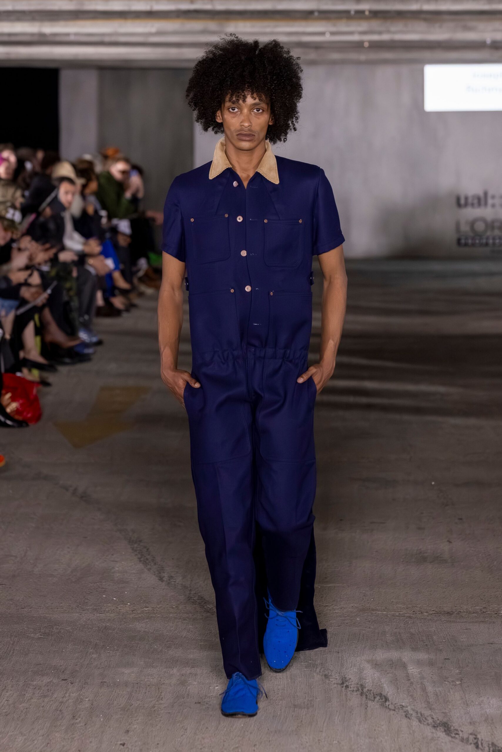 blue cotton short-sleeve collared fitted buttoned jumpsuit