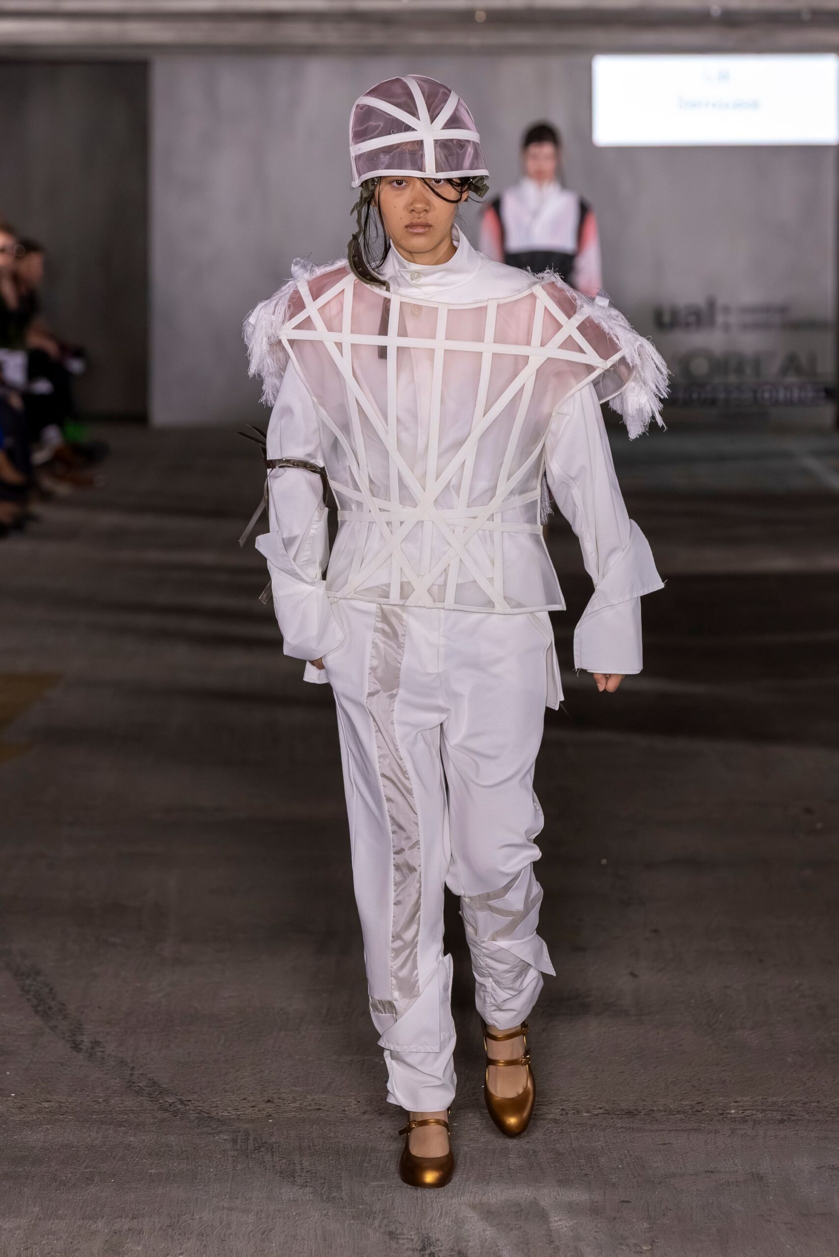 white cotton long-sleeve collared fitted structured layered top