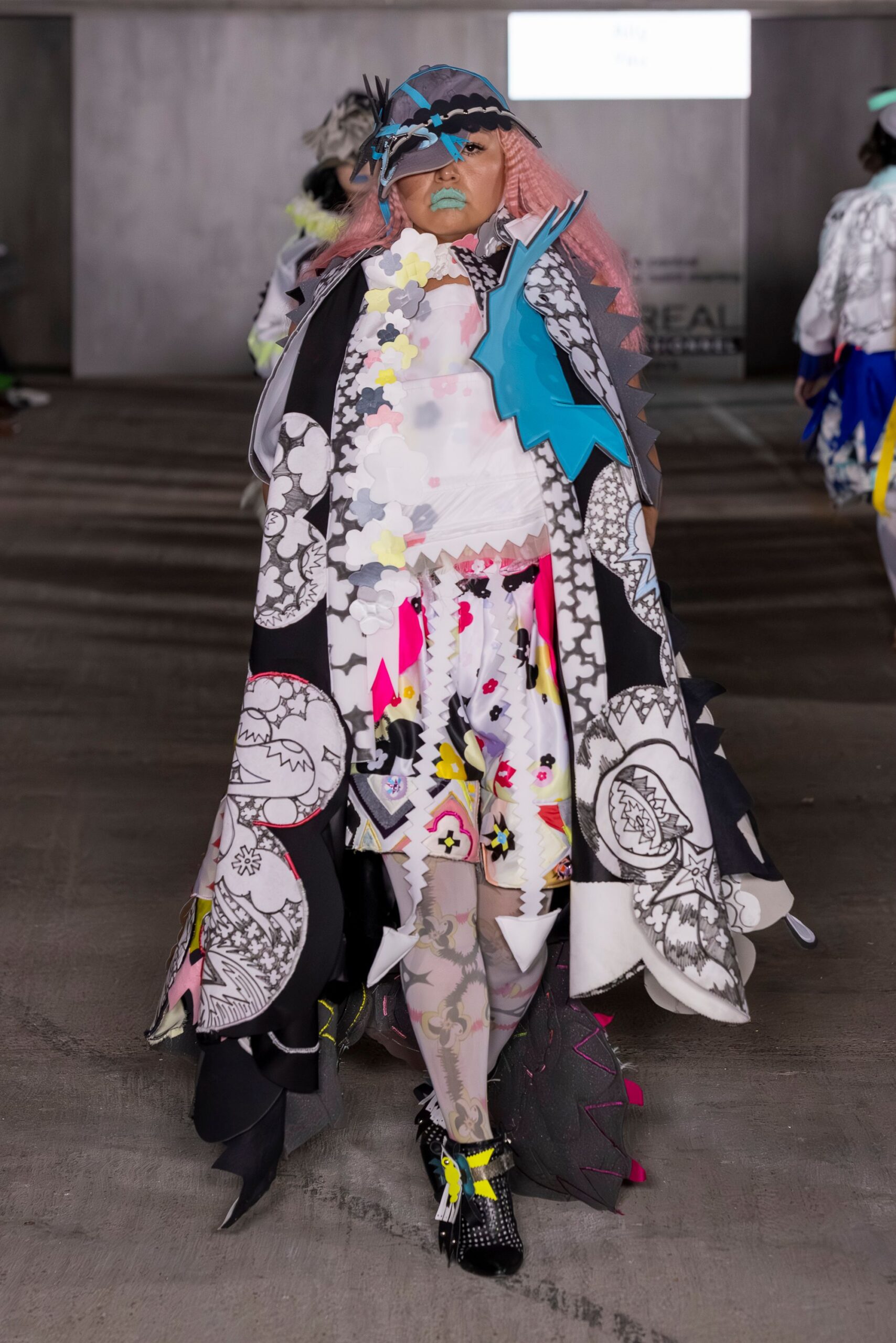 black silk long-sleeve relaxed layered printed cape