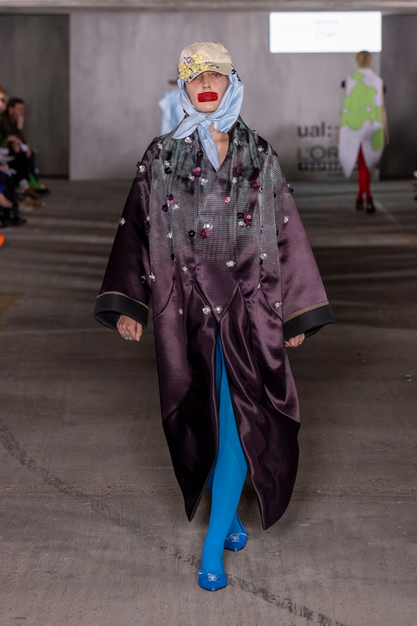 purple silk long-sleeve collared relaxed embroidered draped coat