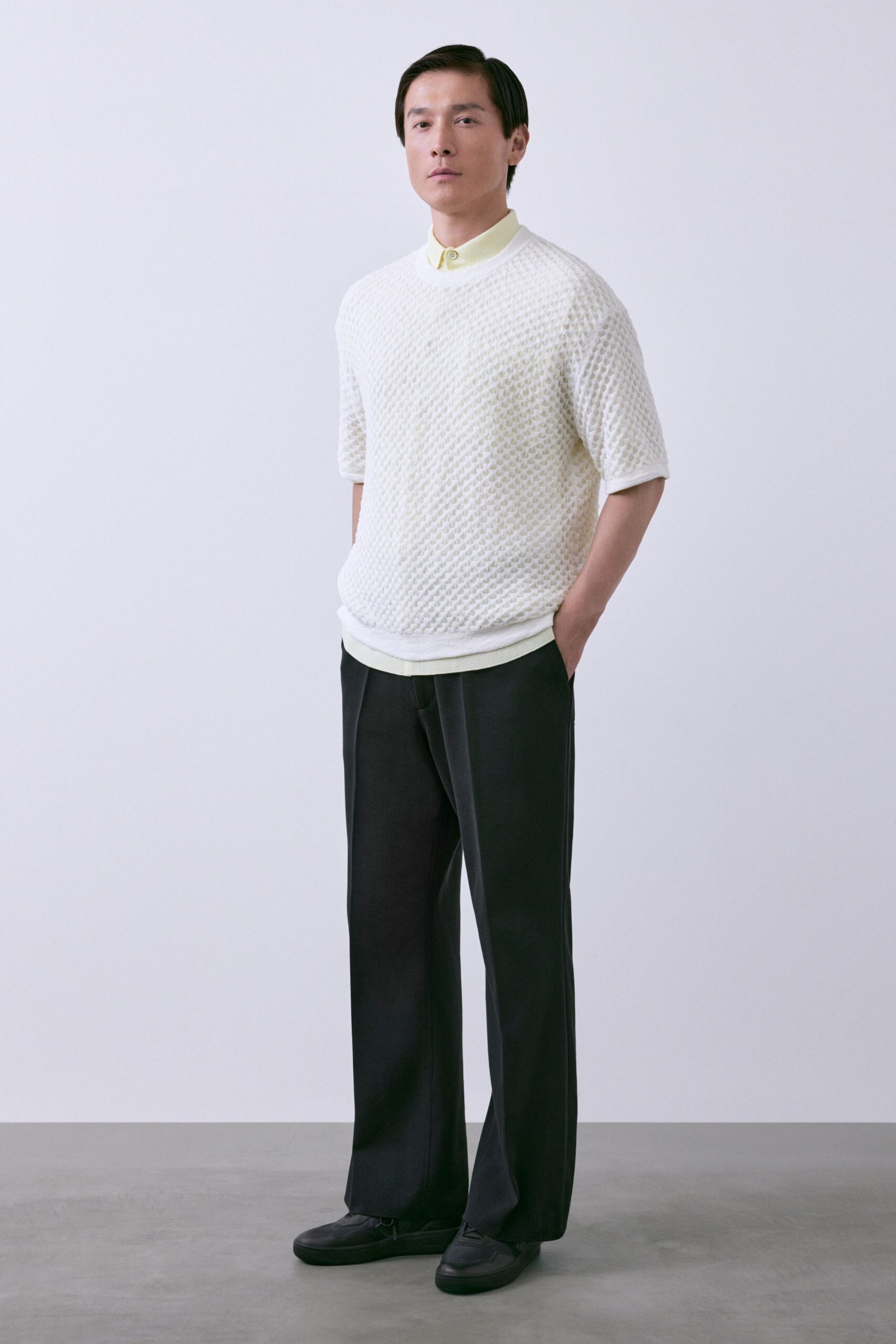 white cotton short-sleeve collared relaxed textured top