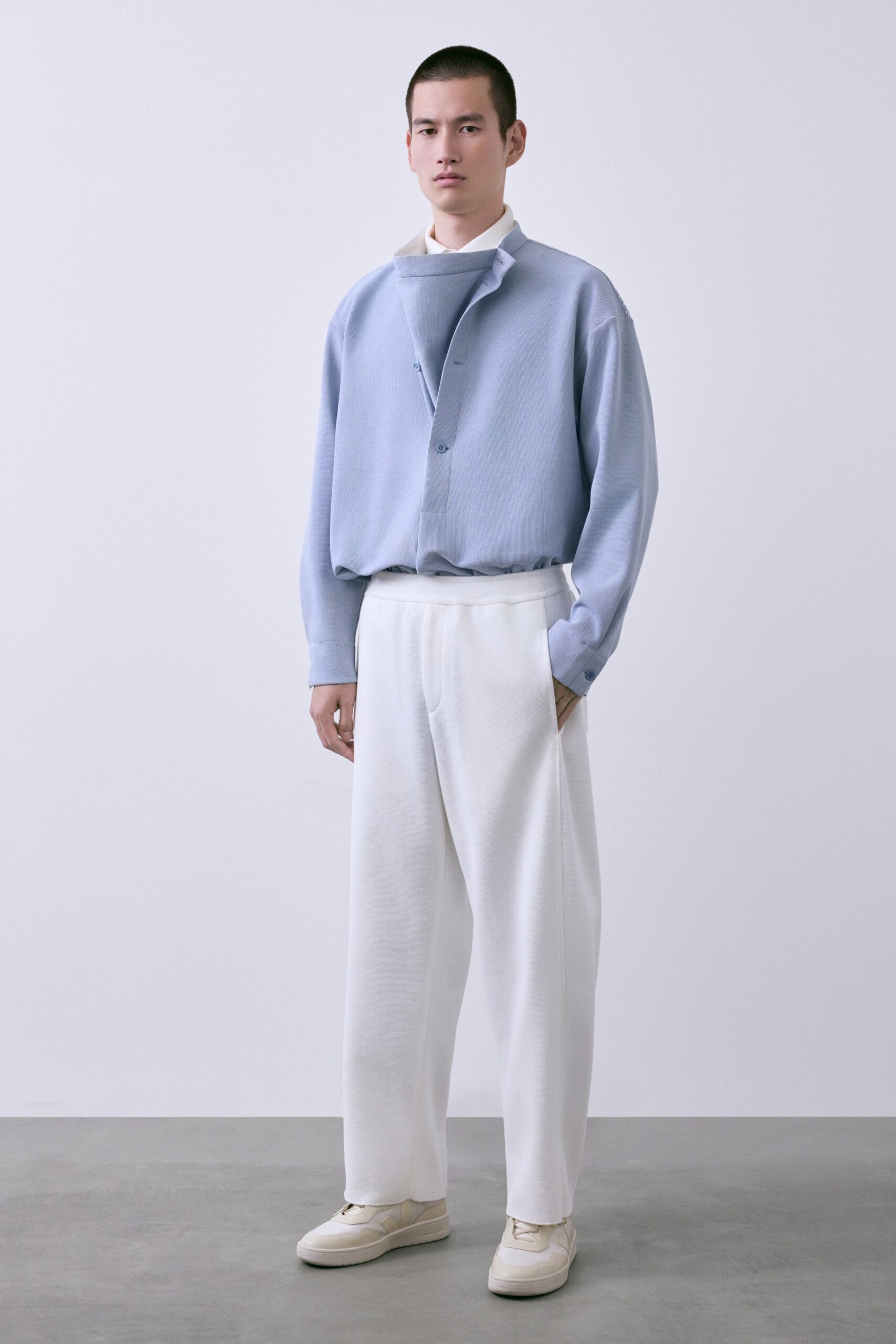 blue relaxed shirt white pants