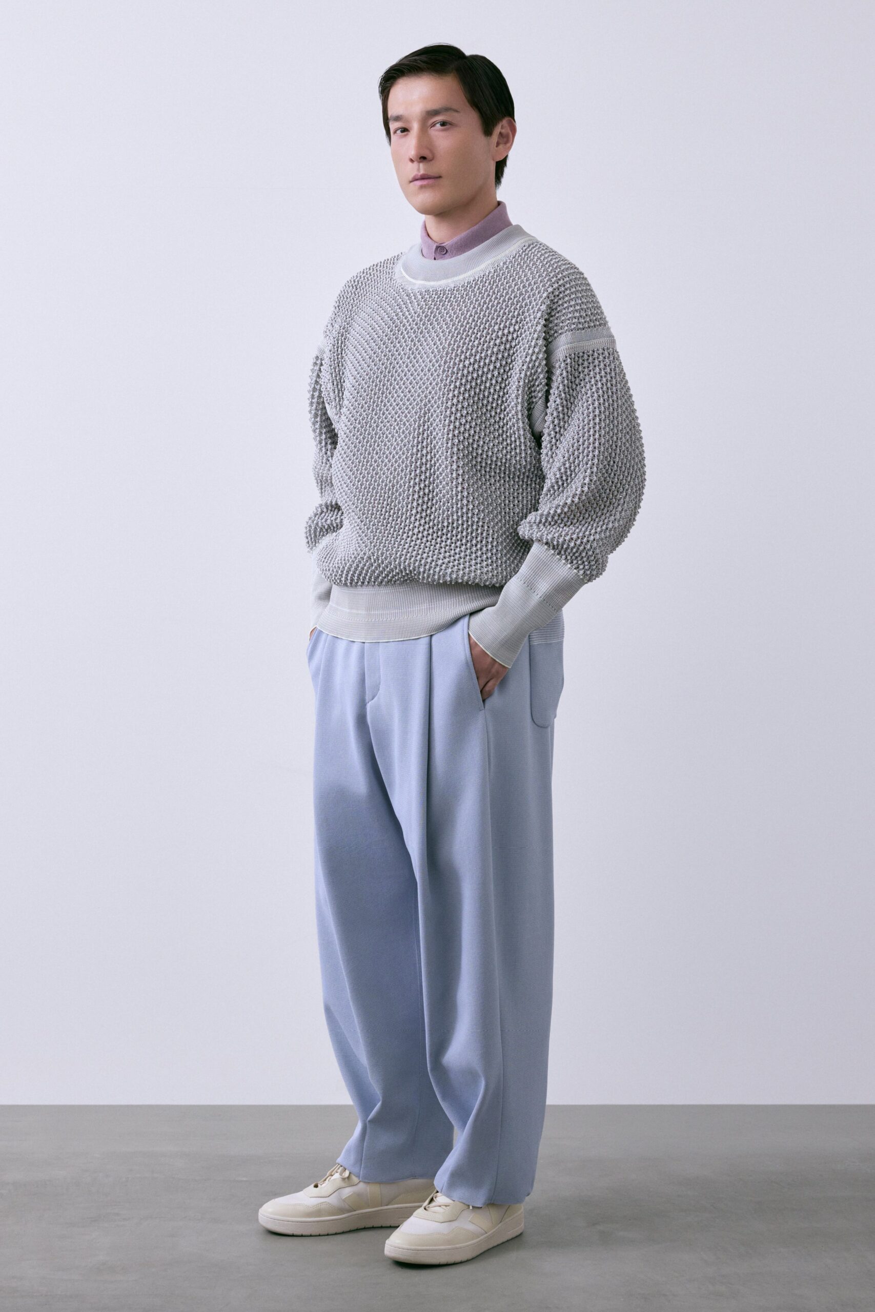 gray cotton long-sleeve collared relaxed textured sweater