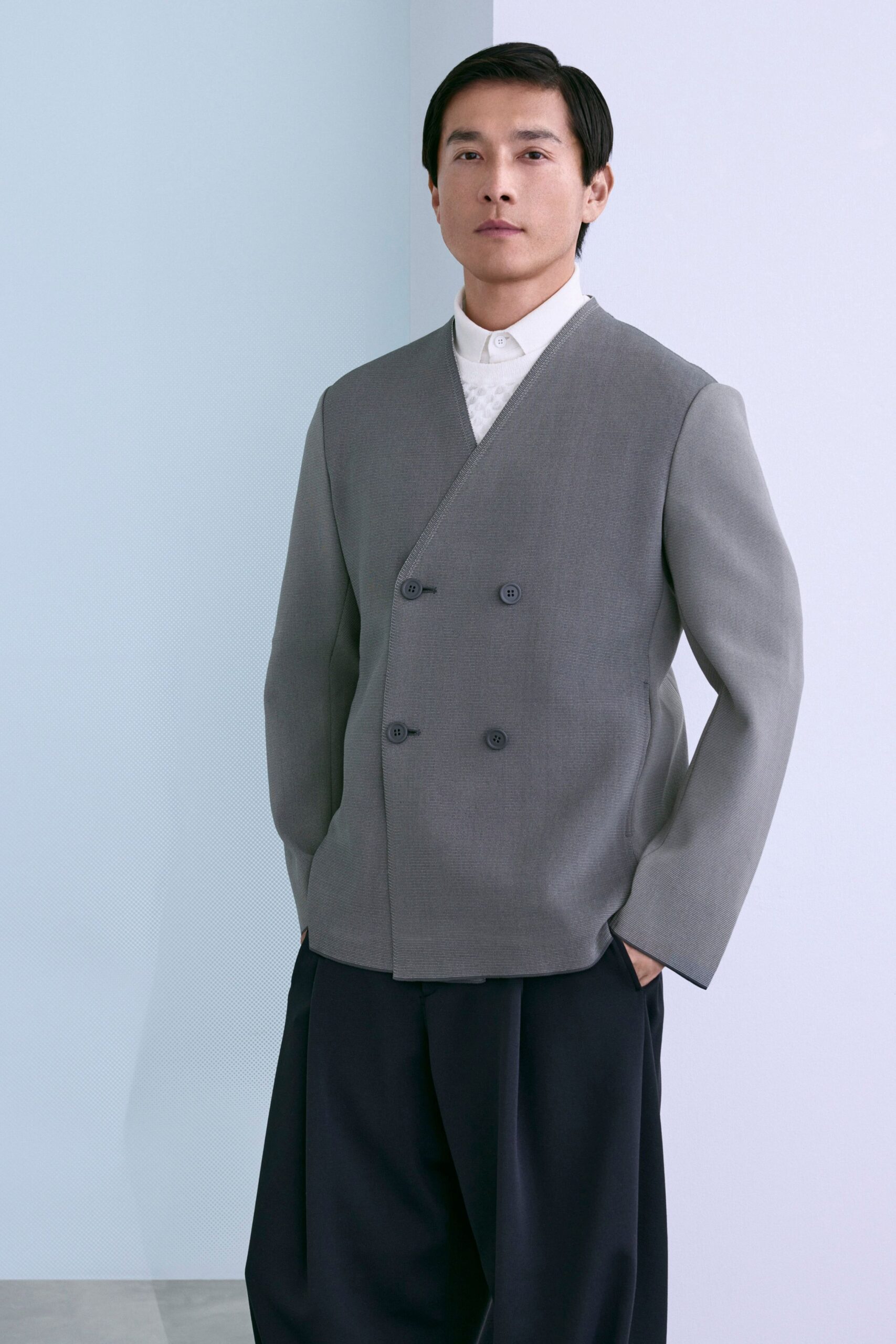 gray wool long-sleeve collared structured jacket