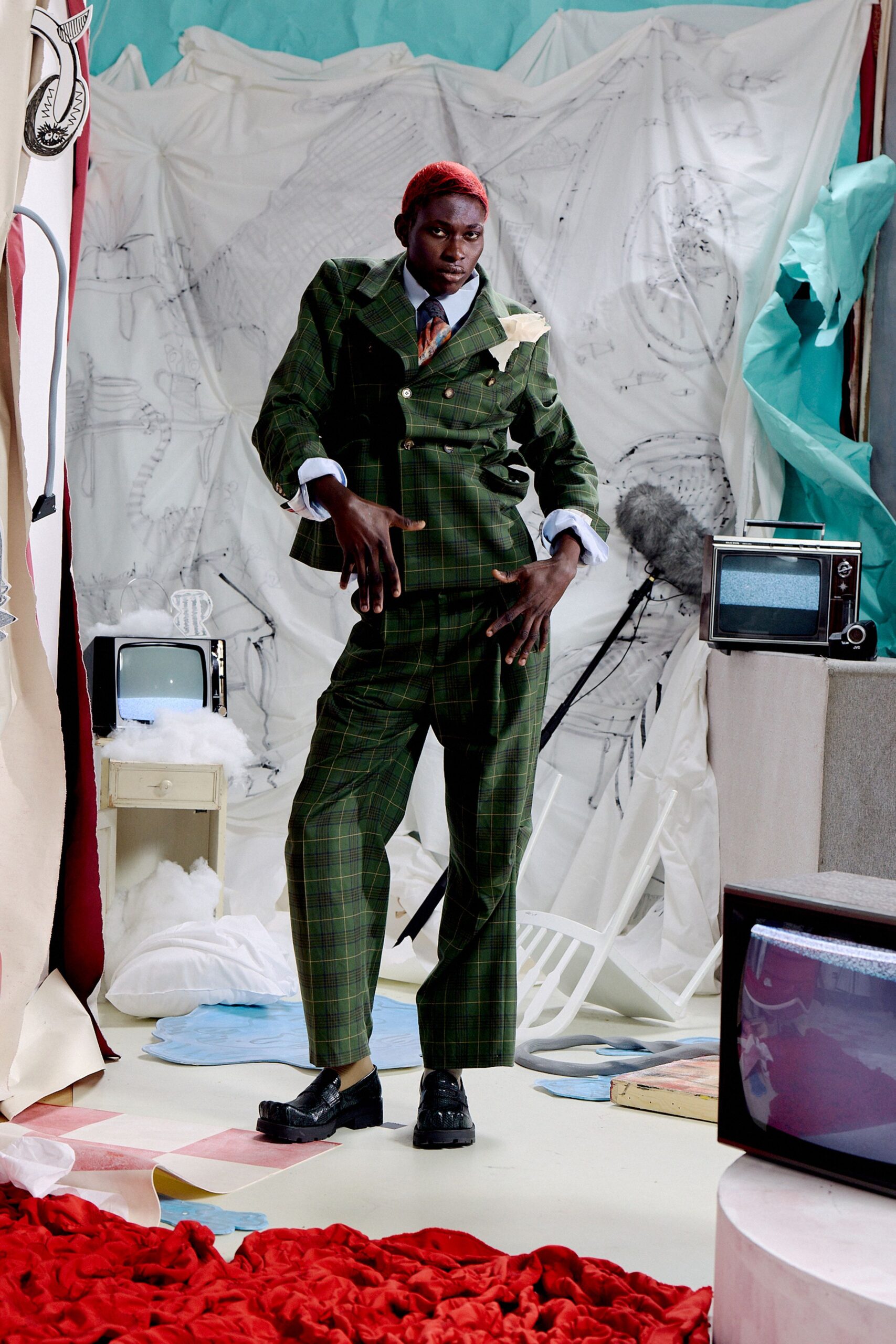 green cotton long-sleeve collared tailored checked suit
