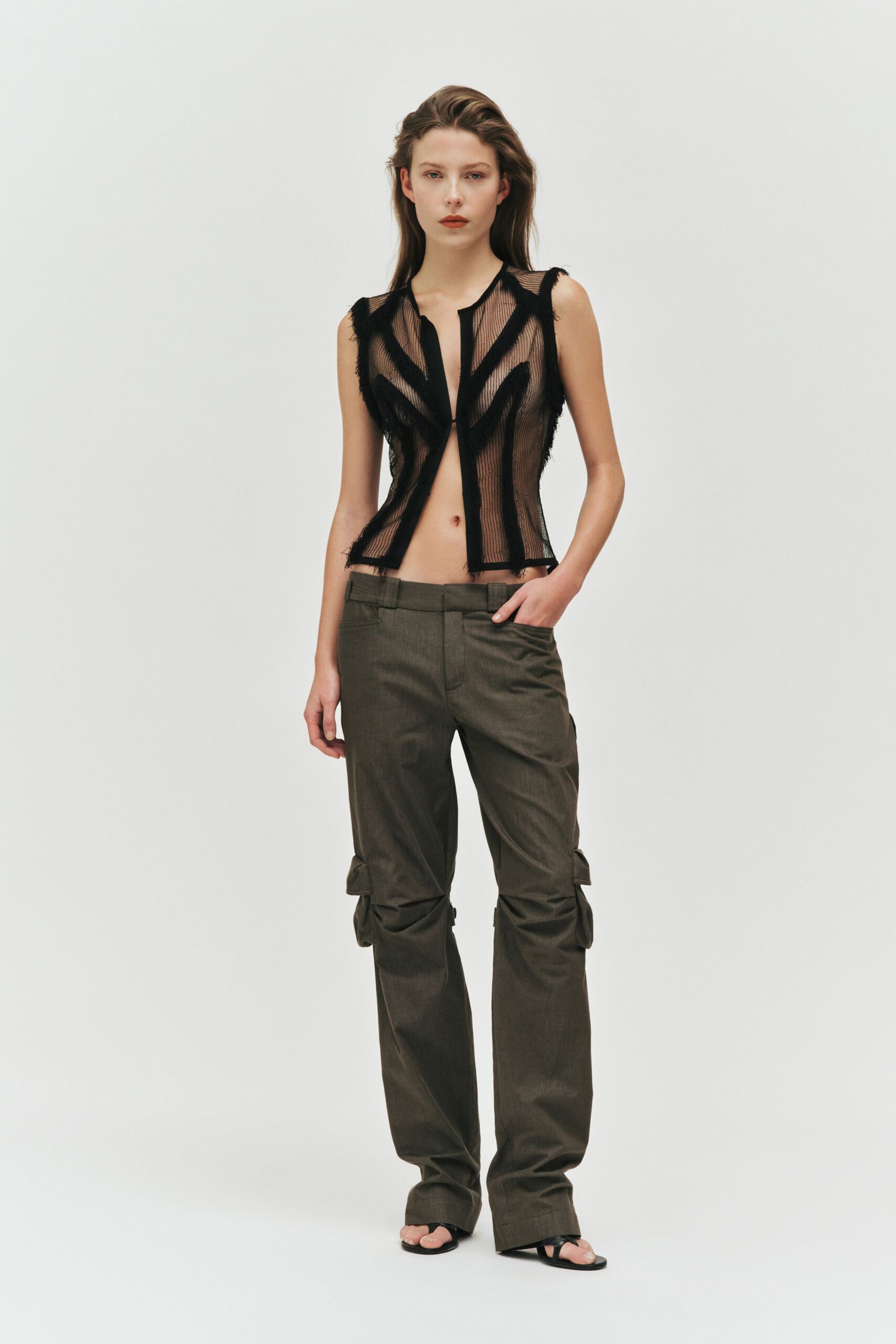 black mesh sleeveless v-neck fitted layered sheer top