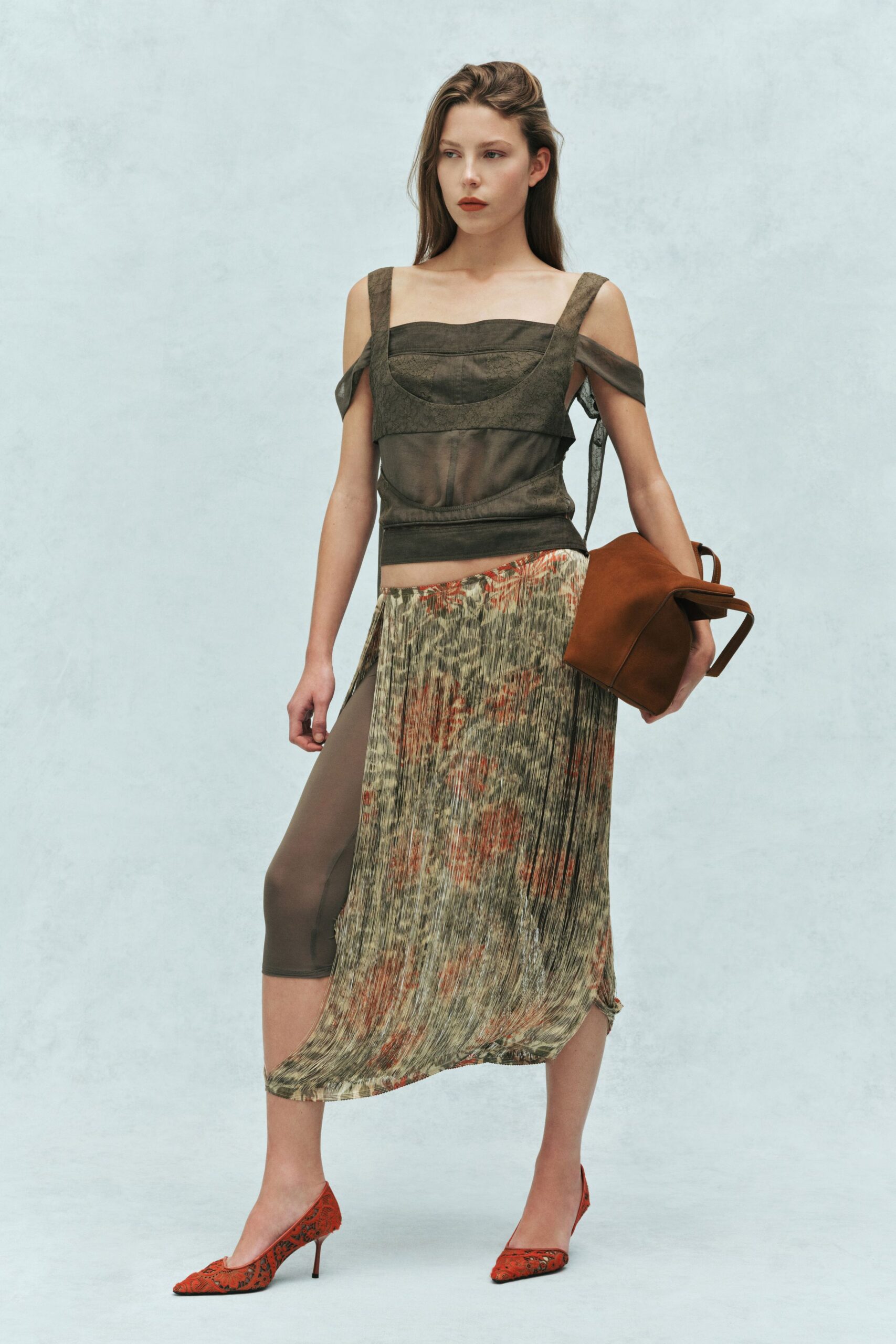 brown silk sleeveless square-neck fitted layered sheer top