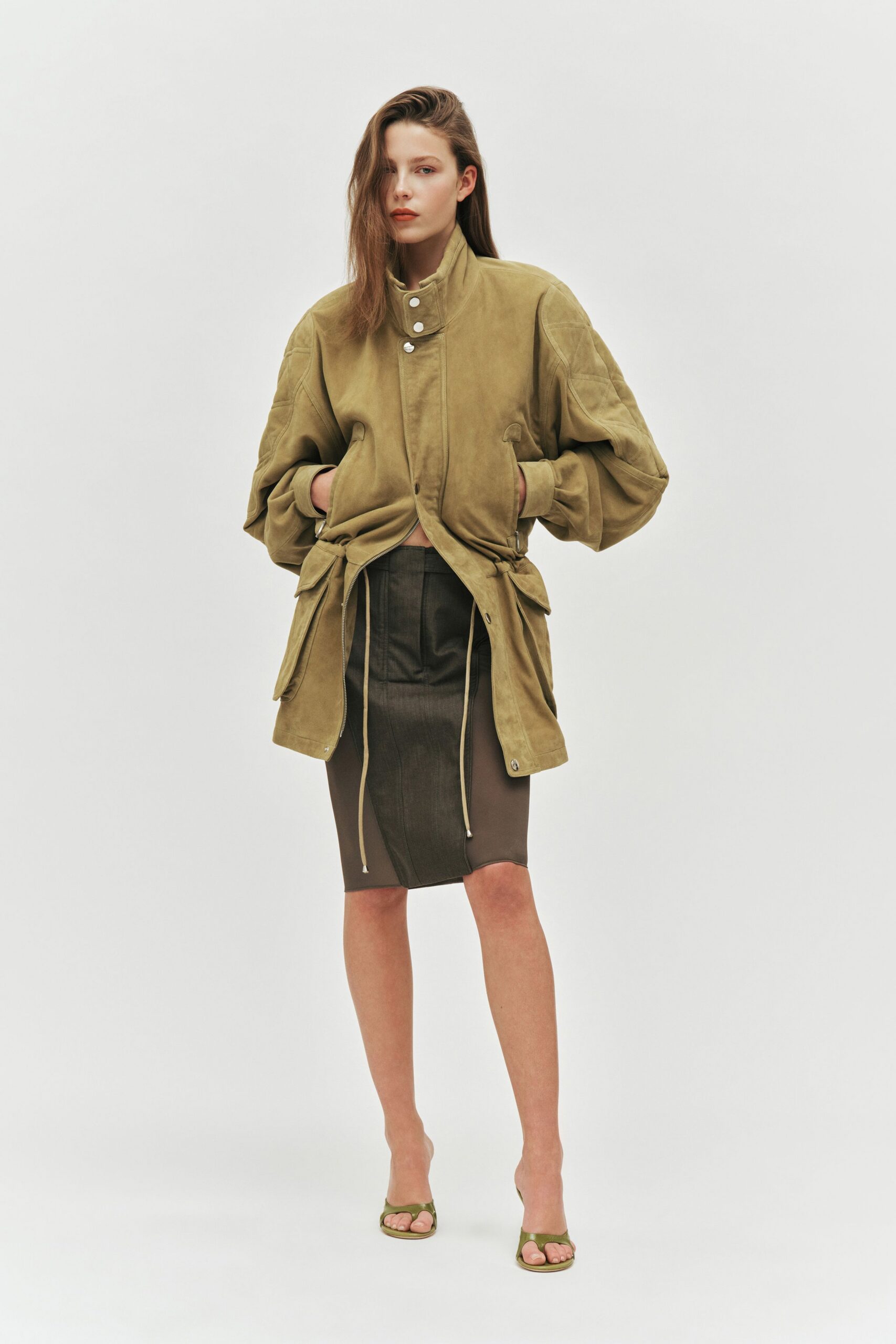 beige suede long-sleeve collared oversized zippered pockets jacket