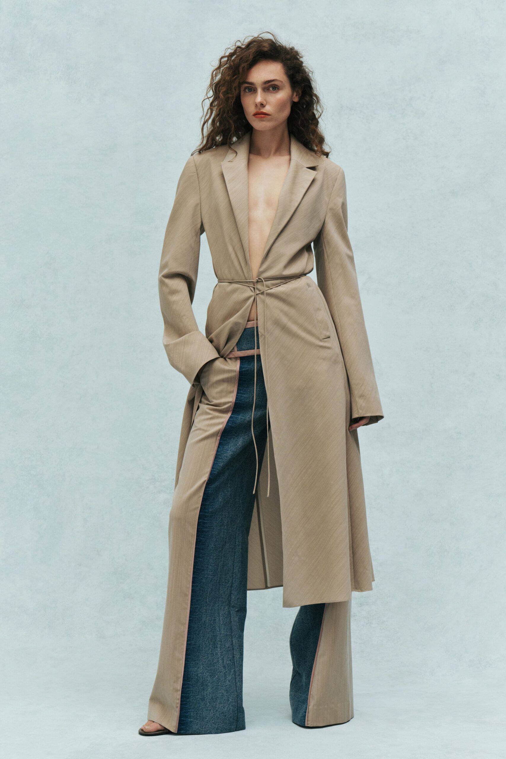 beige cotton long-sleeve collared tailored belted maxi coat