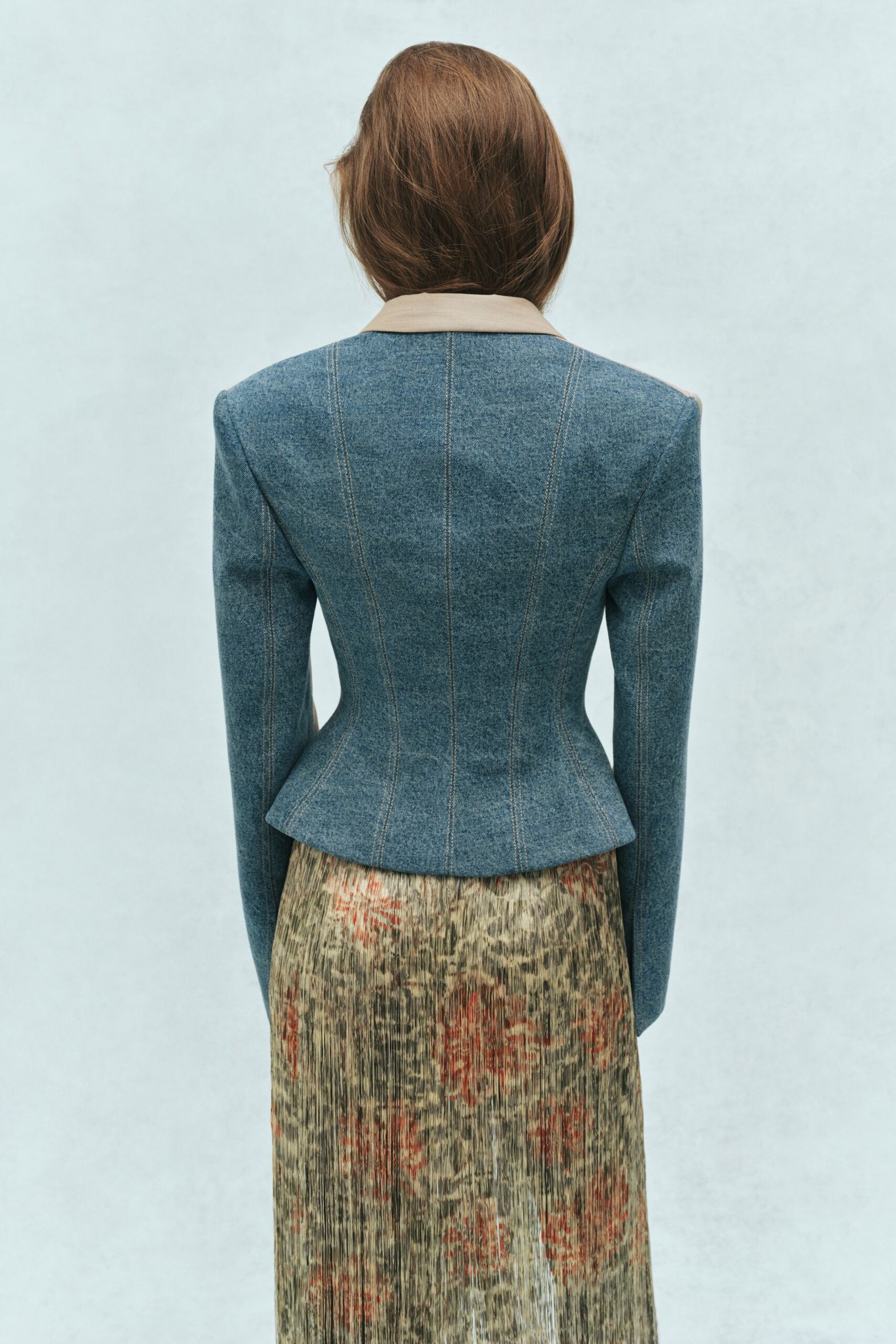 blue denim long-sleeve collared tailored buttoned jacket