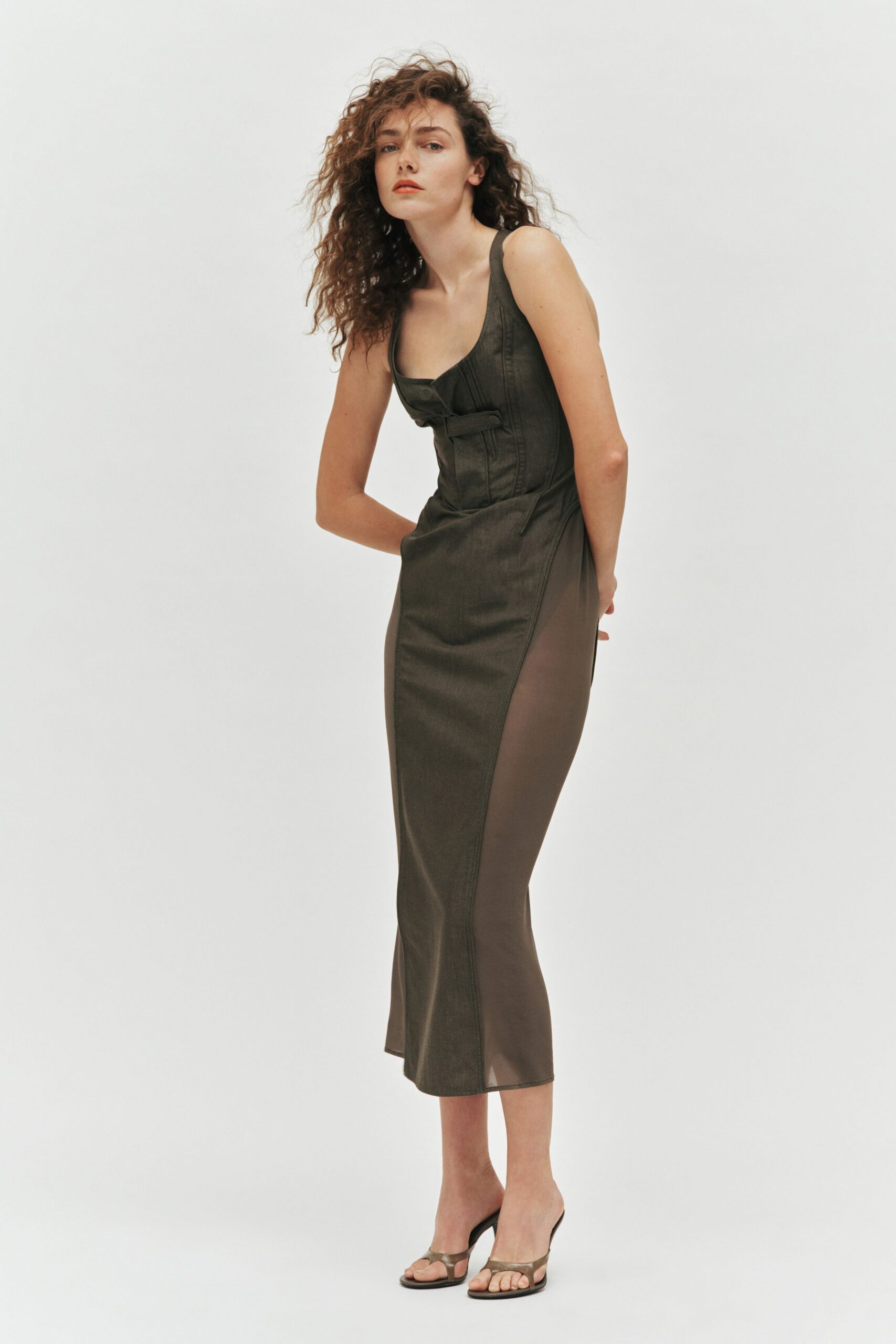 green cotton sleeveless v-neck fitted pleated ruched dress