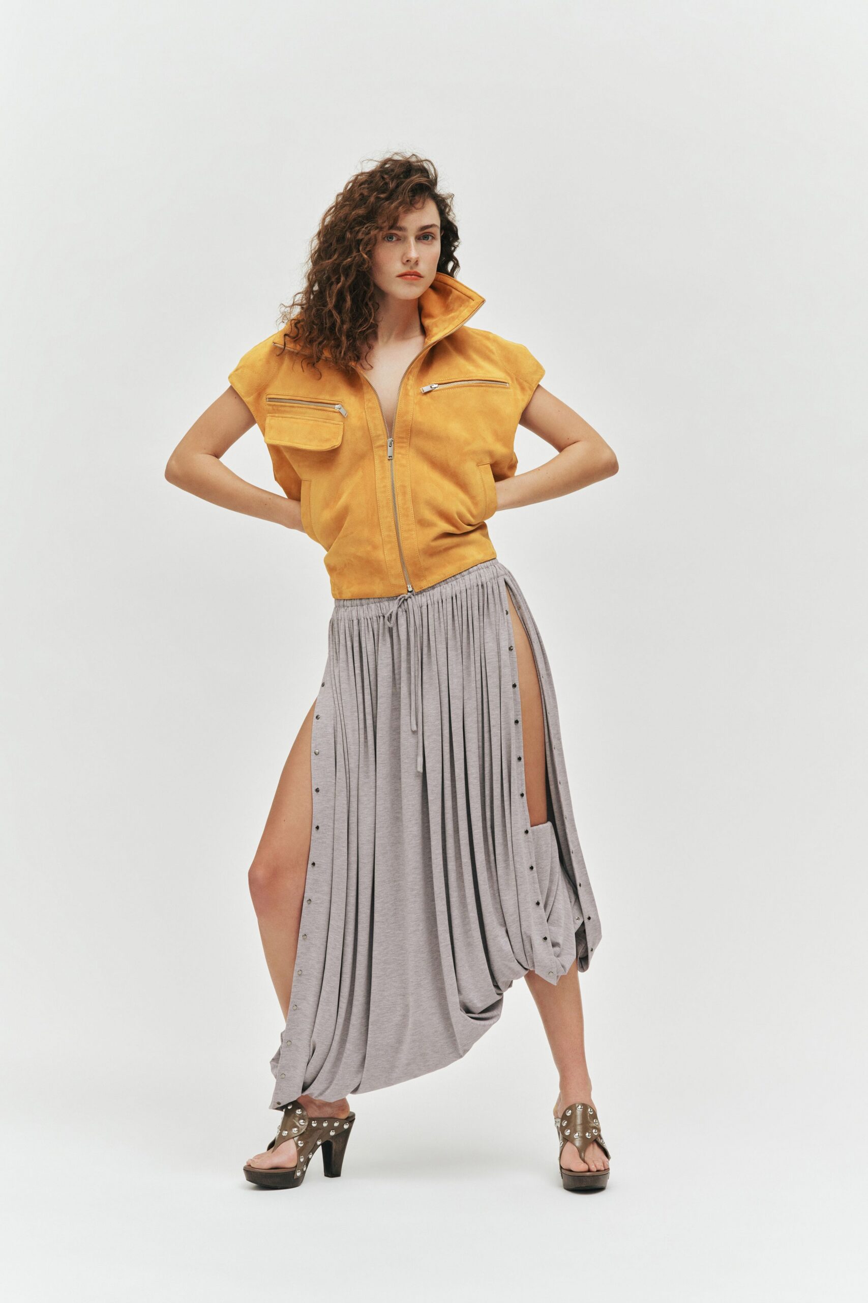 yellow suede short-sleeve collared relaxed zippered pockets top