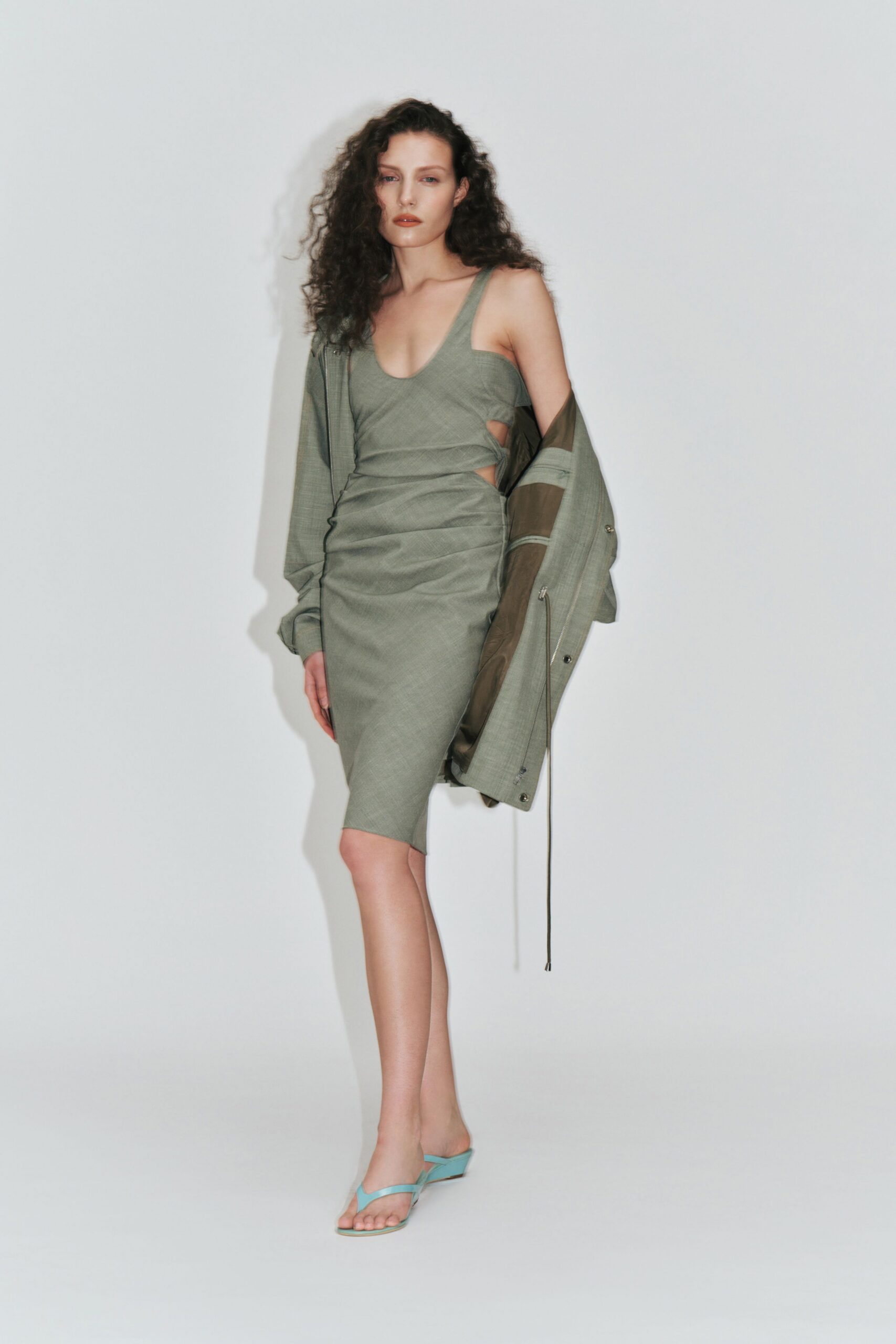 green cotton sleeveless v-neck fitted ruched mini dress
