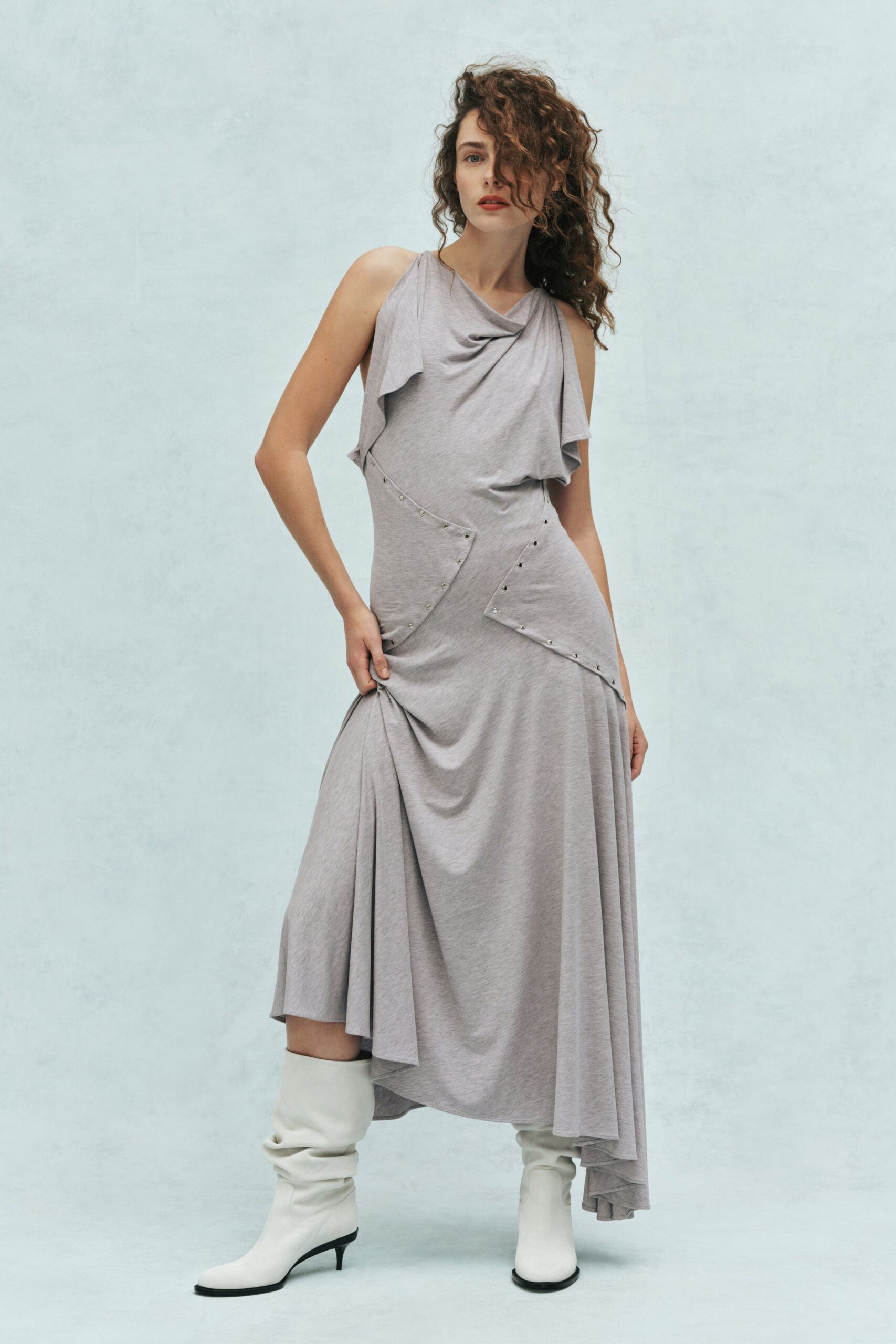 gray cotton sleeveless v-neck fitted draped pleated dress