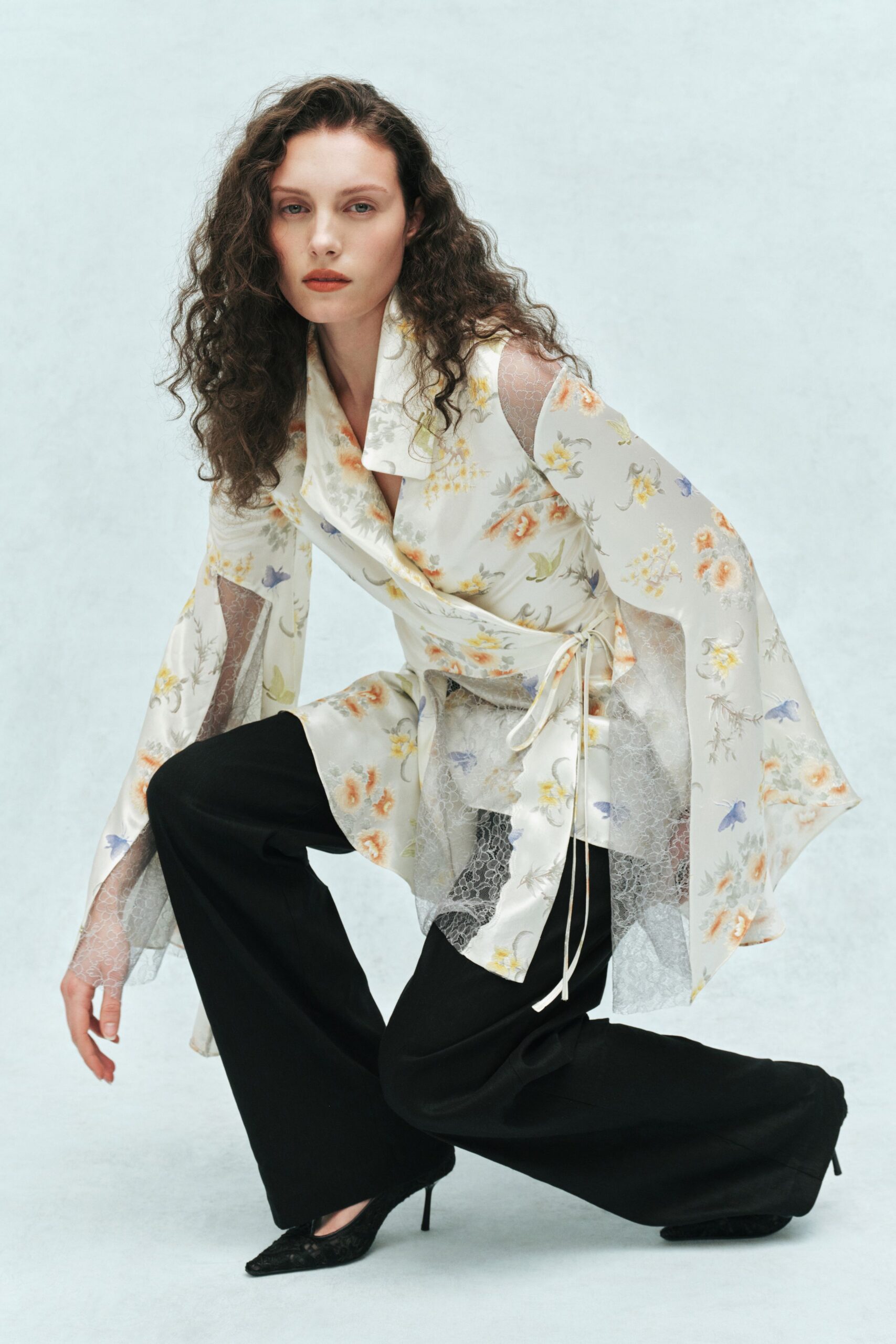white silk long-sleeve collared relaxed floral layered blouse