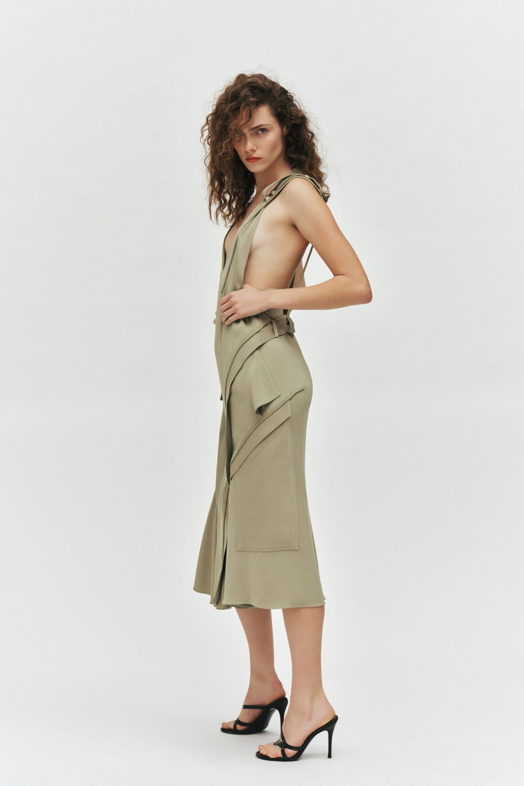 green cotton sleeveless v-neck fitted draped midi dress