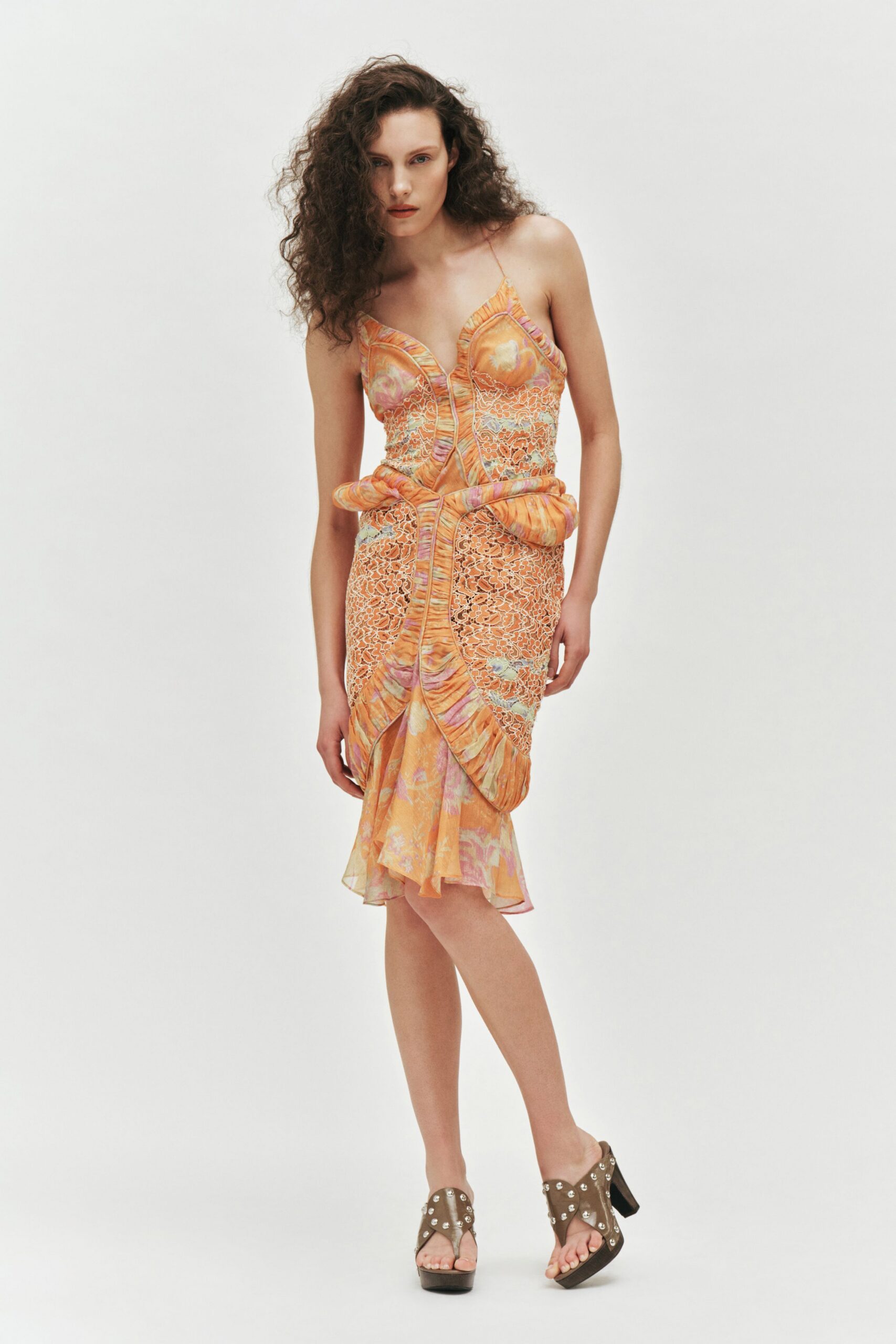 orange pink ruched midi dress