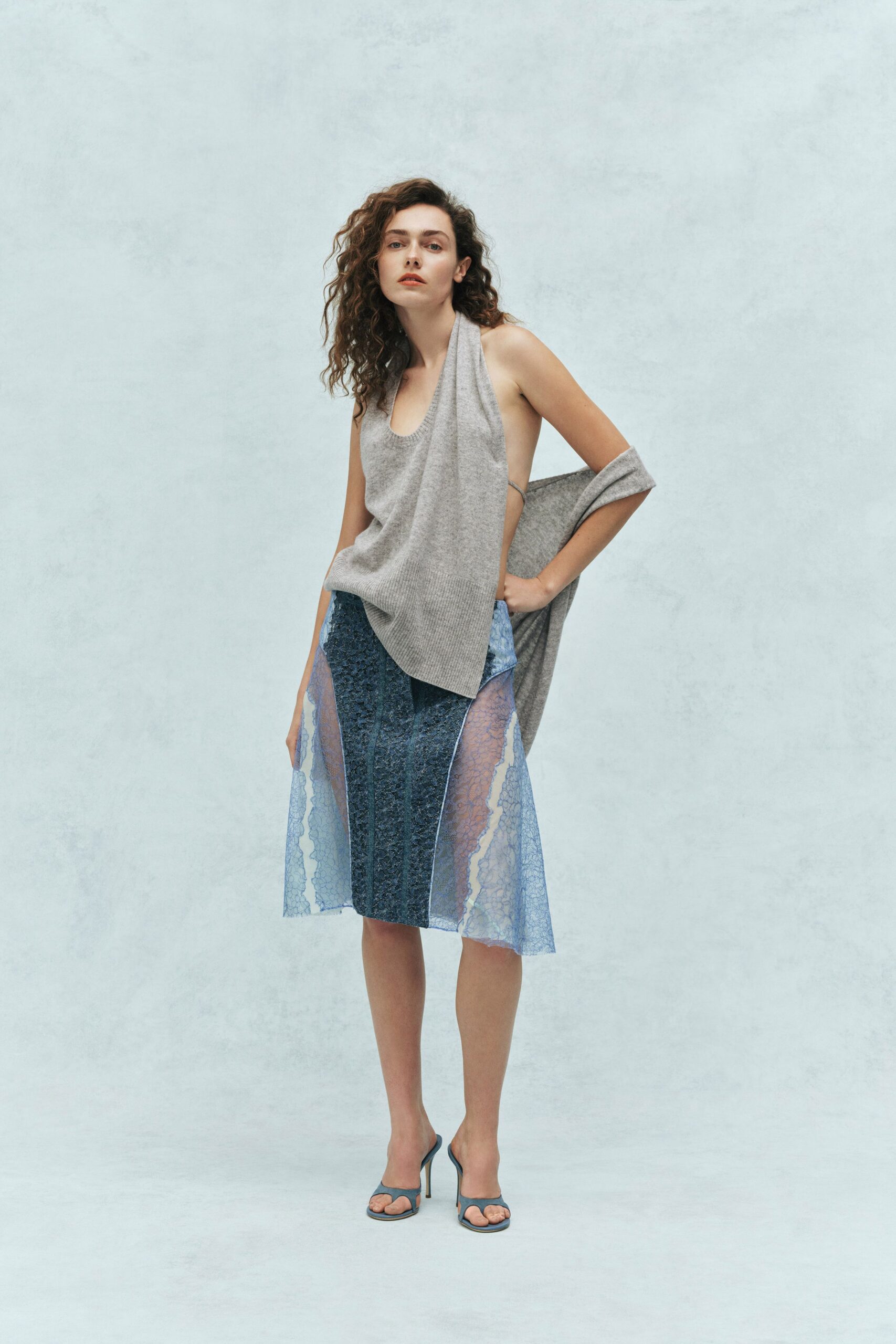 blue denim fitted pleated sheer skirt