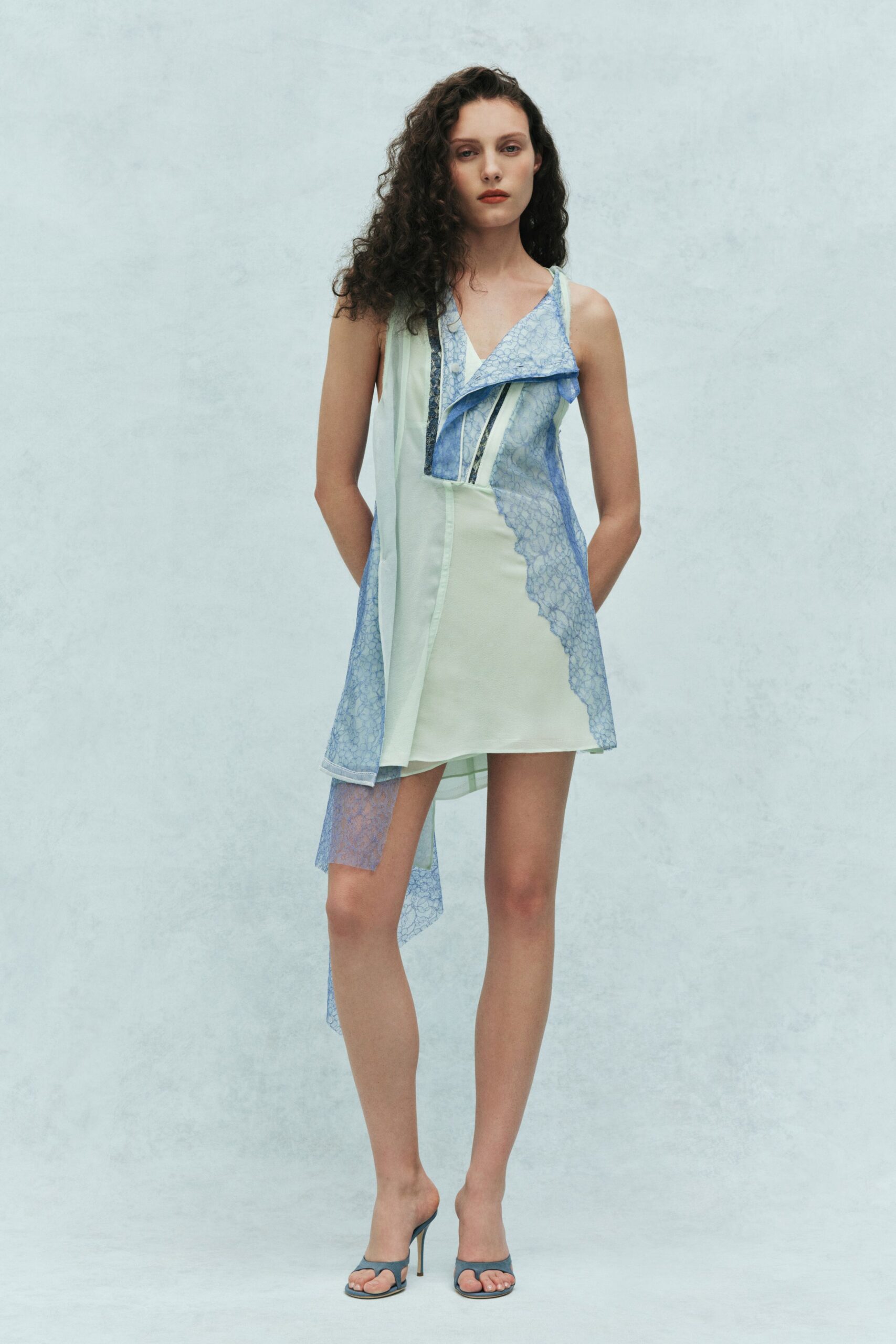 blue silk sleeveless v-neck fitted draped layered dress