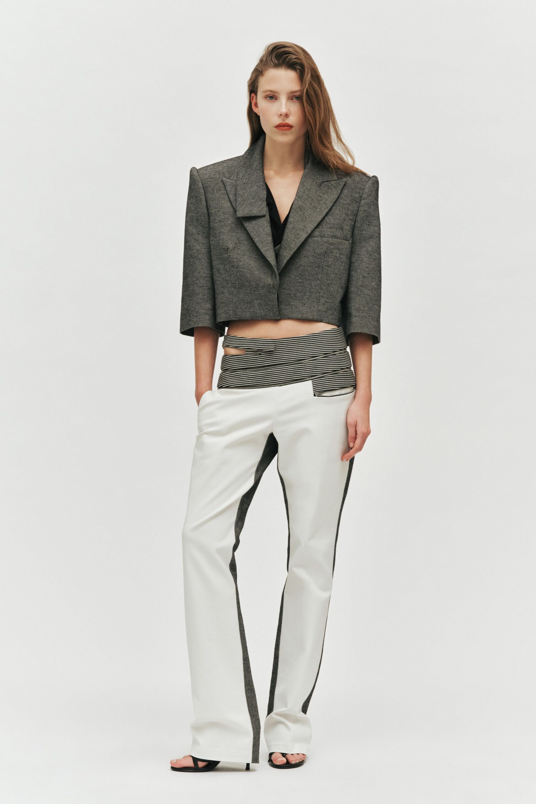 gray structured jacket with tailored pants