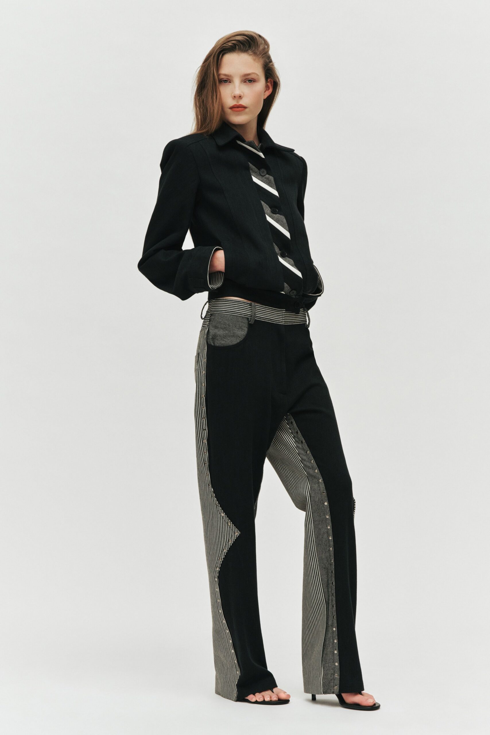 black cotton long-sleeve collared fitted zippered shirt