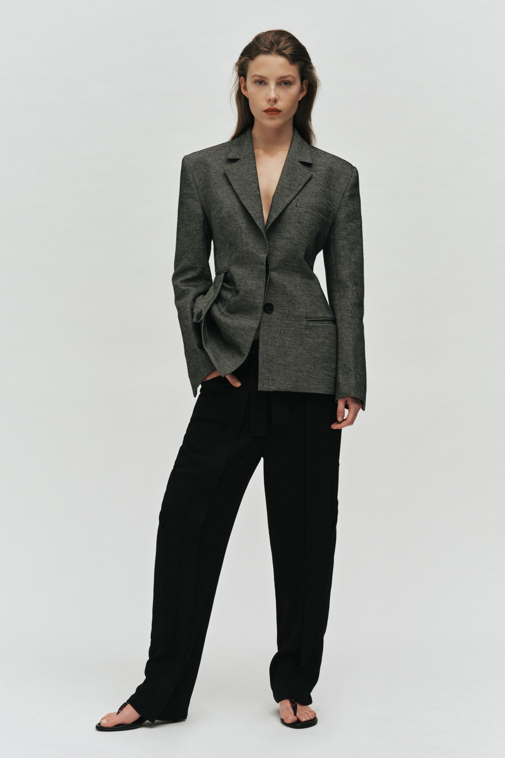 gray wool long-sleeve v-neck structured buttoned blazer