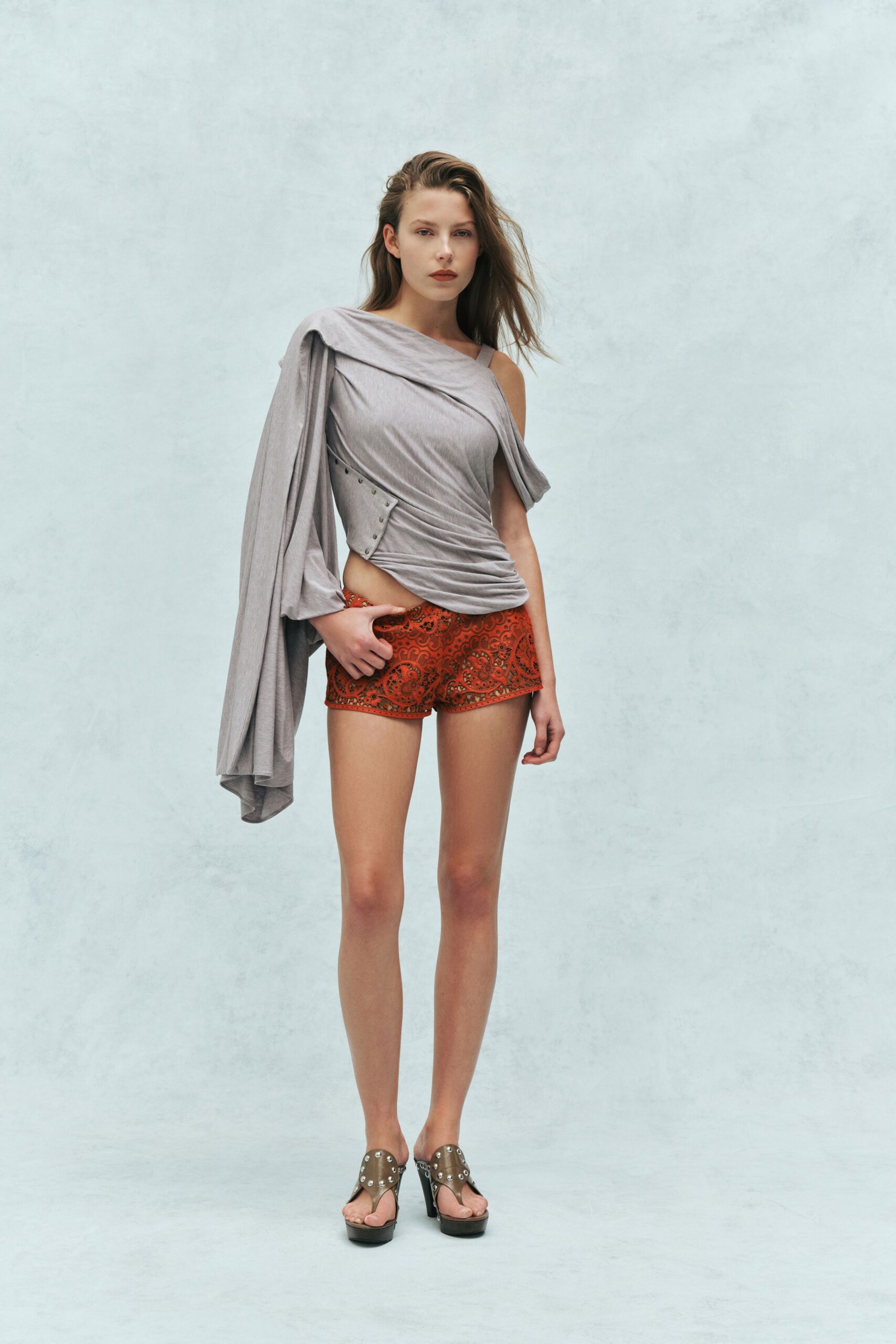 gray cotton asymmetric long-sleeve relaxed draped top