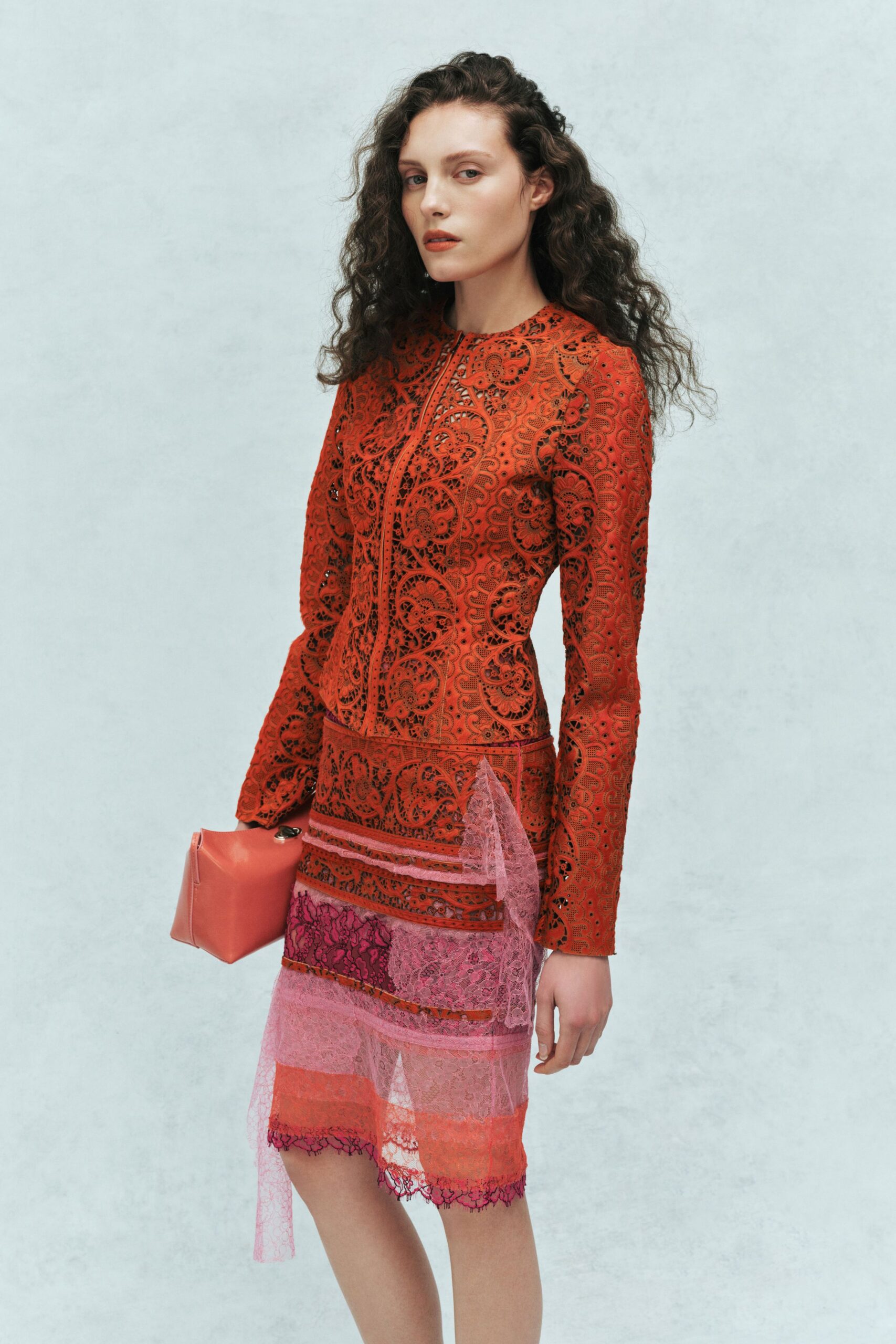 red lace long-sleeve collared fitted embroidered tiered dress