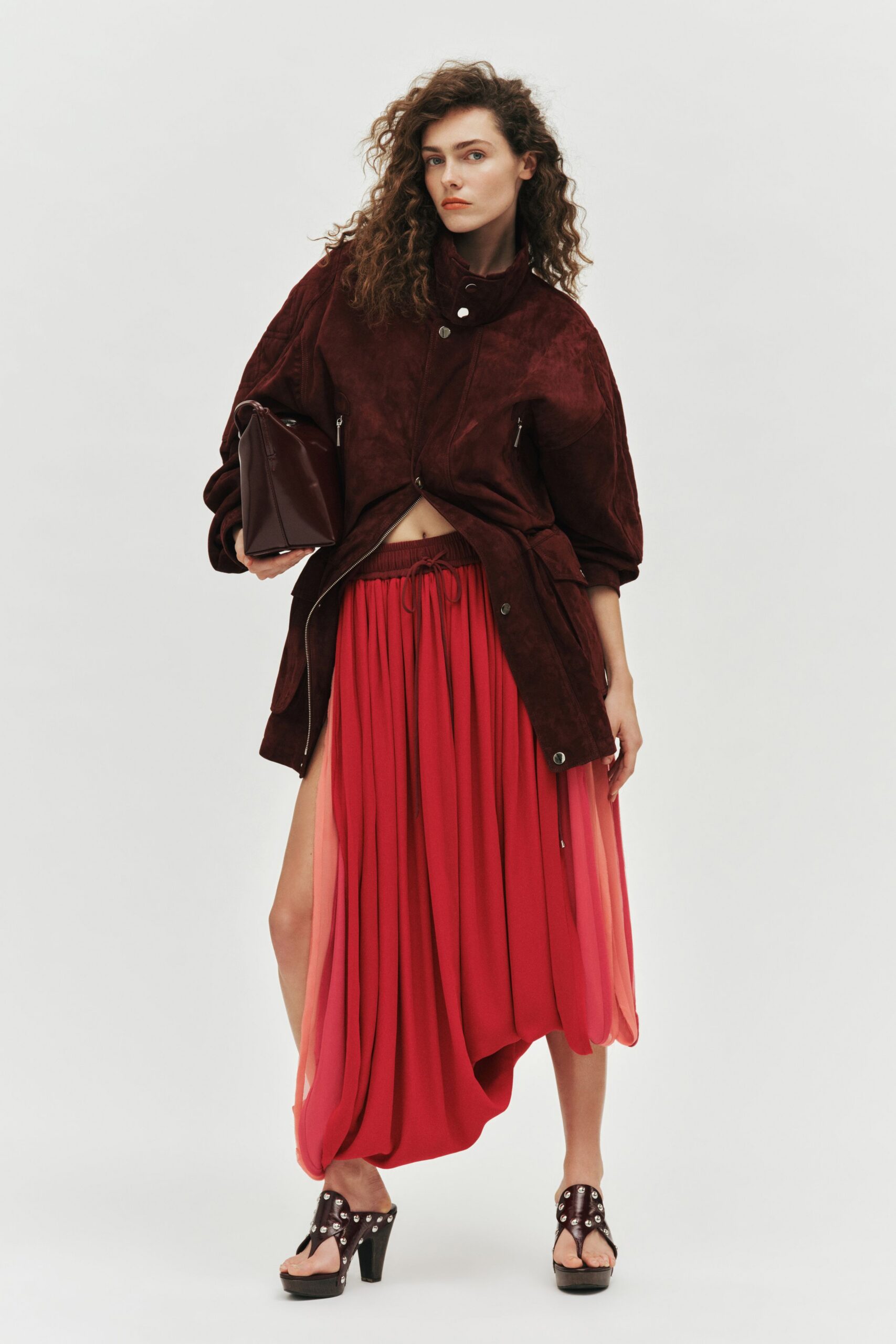 brown suede long-sleeve collared relaxed zippered jacket