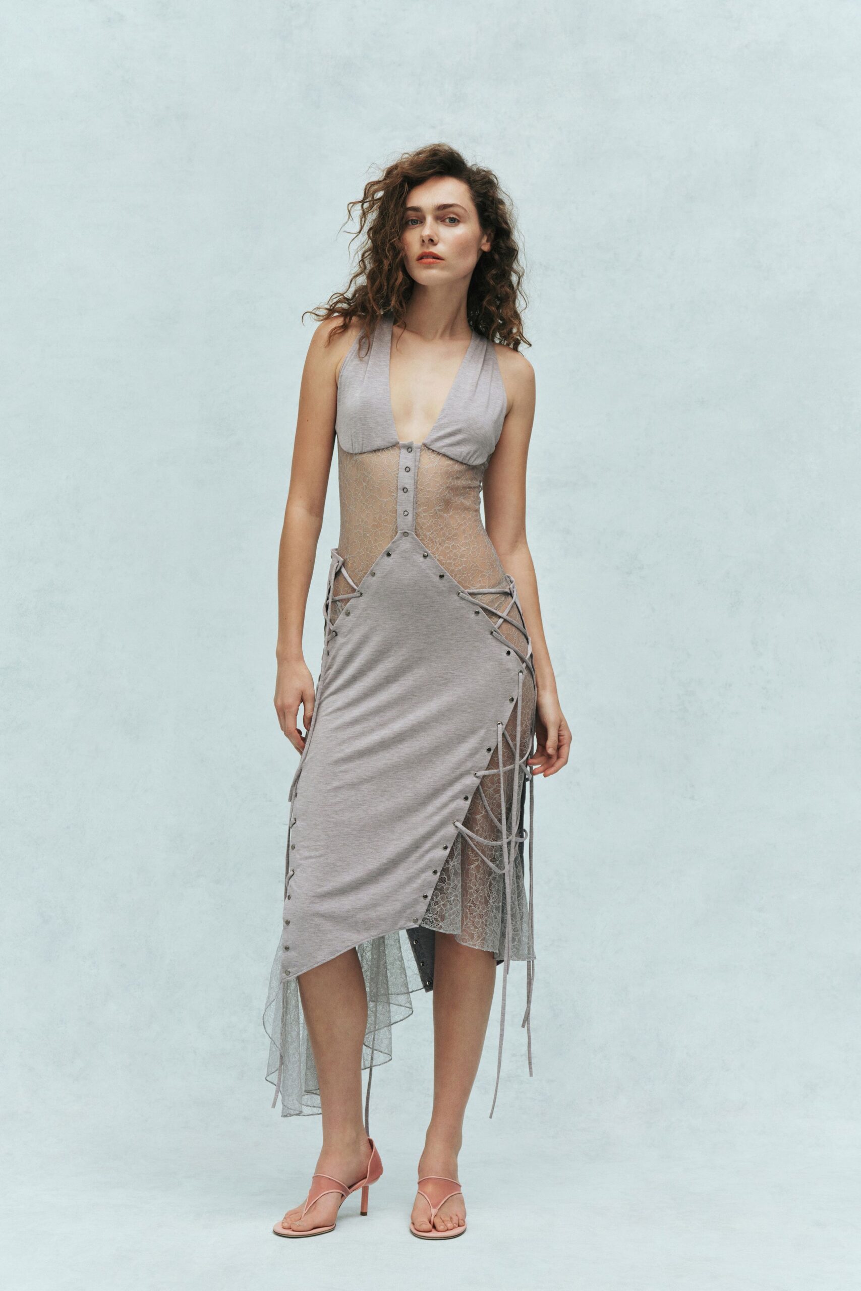gray cotton sleeveless v-neck fitted ruched buttoned dress