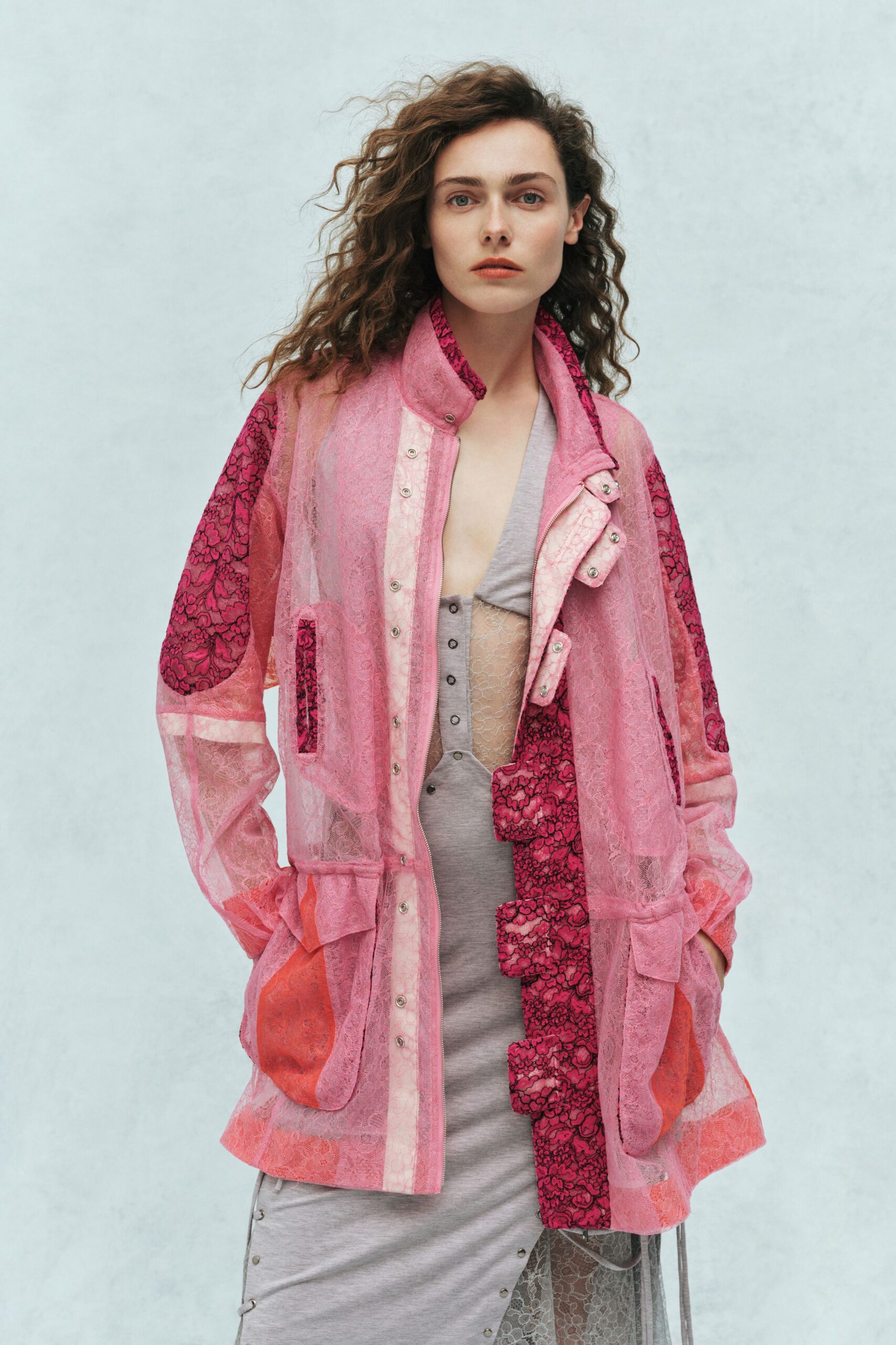 pink lace long-sleeve collared relaxed layered embroidered coat