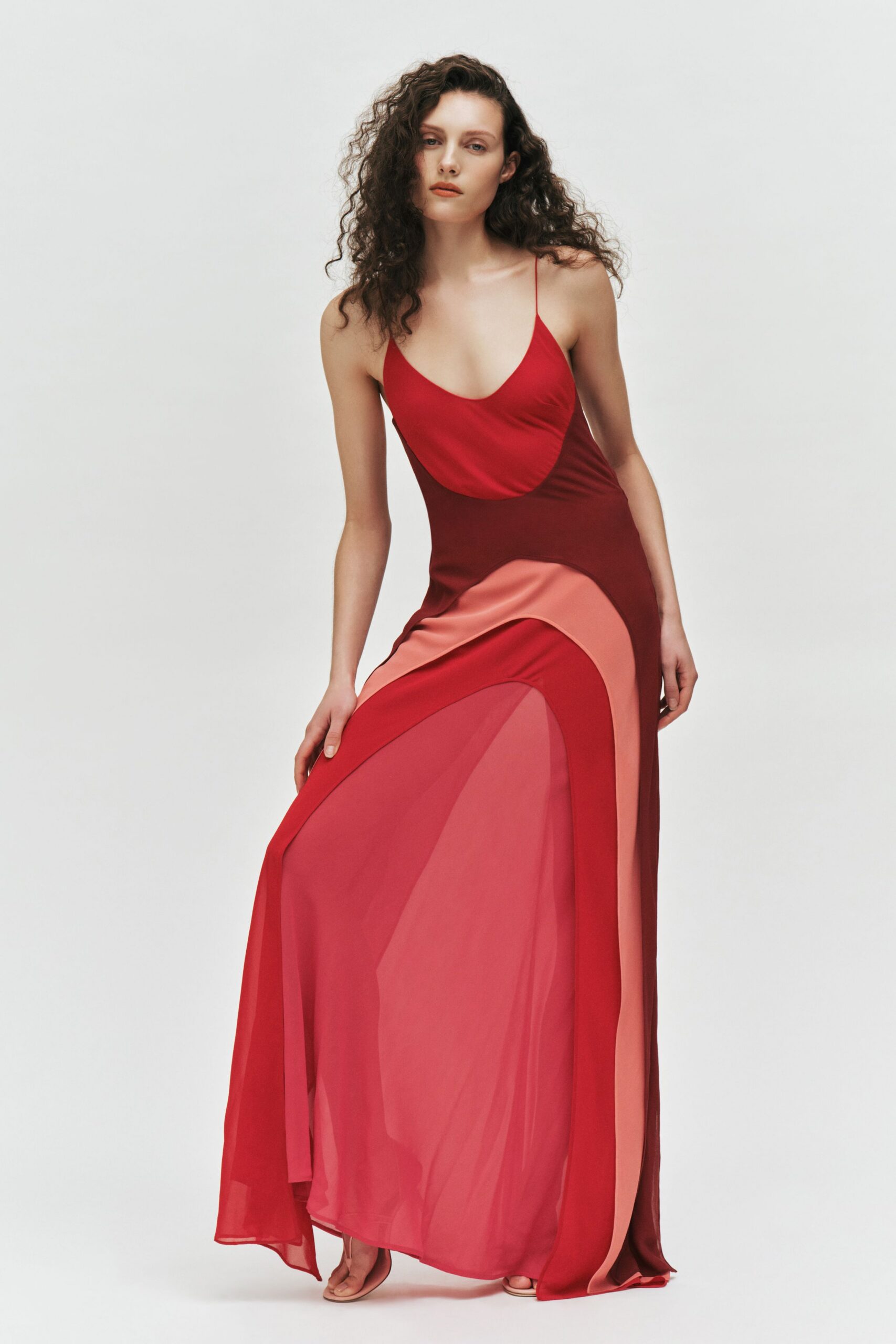 red pink color-blocked gown