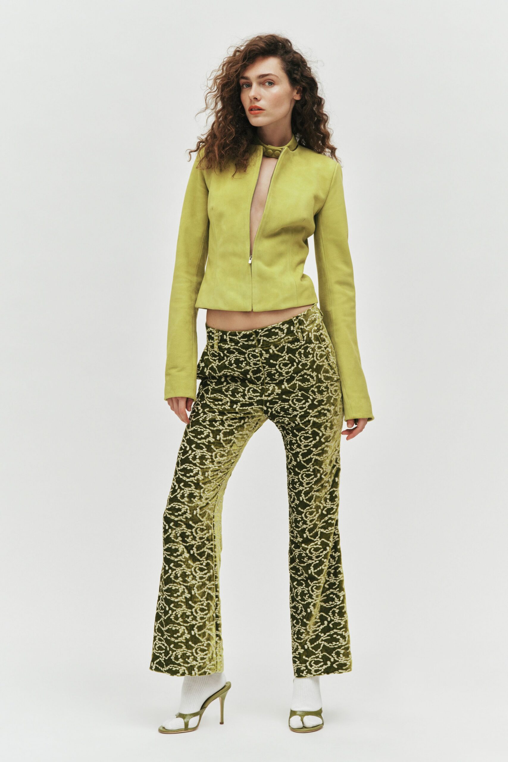green suede long-sleeve collared fitted zippered cropped jacket