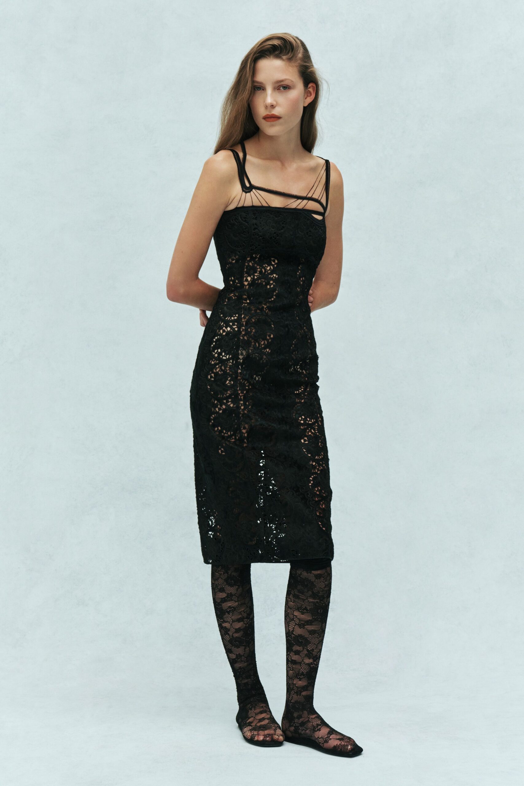 black lace fitted midi dress