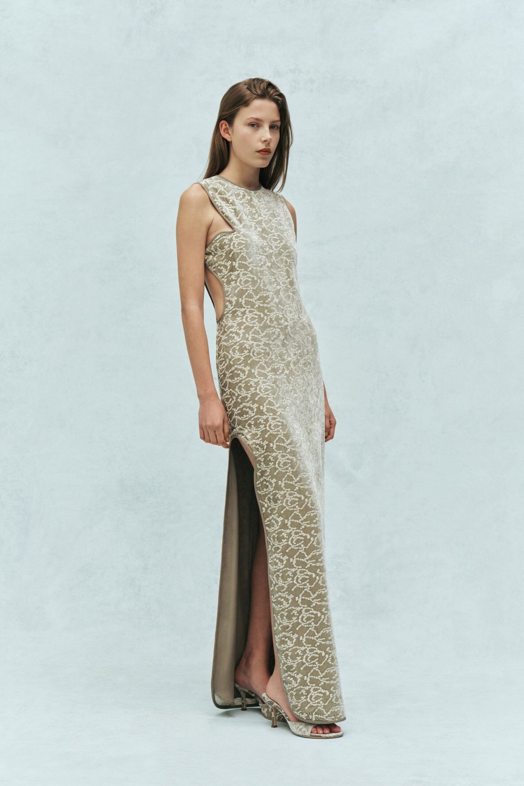 beige silk sleeveless high-neck fitted embroidered maxi gown