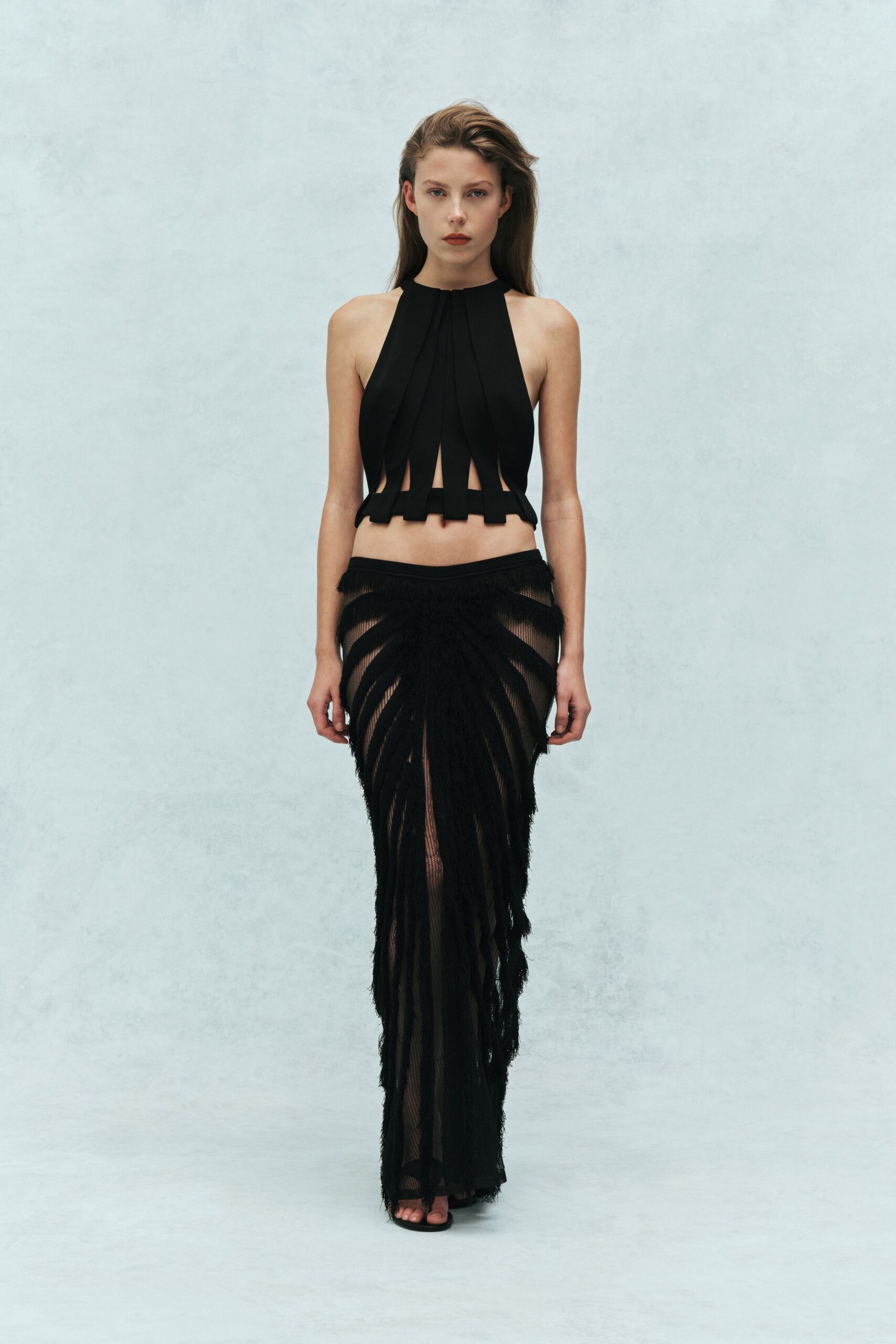 black lace fitted high-waisted layered fringed maxi skirt
