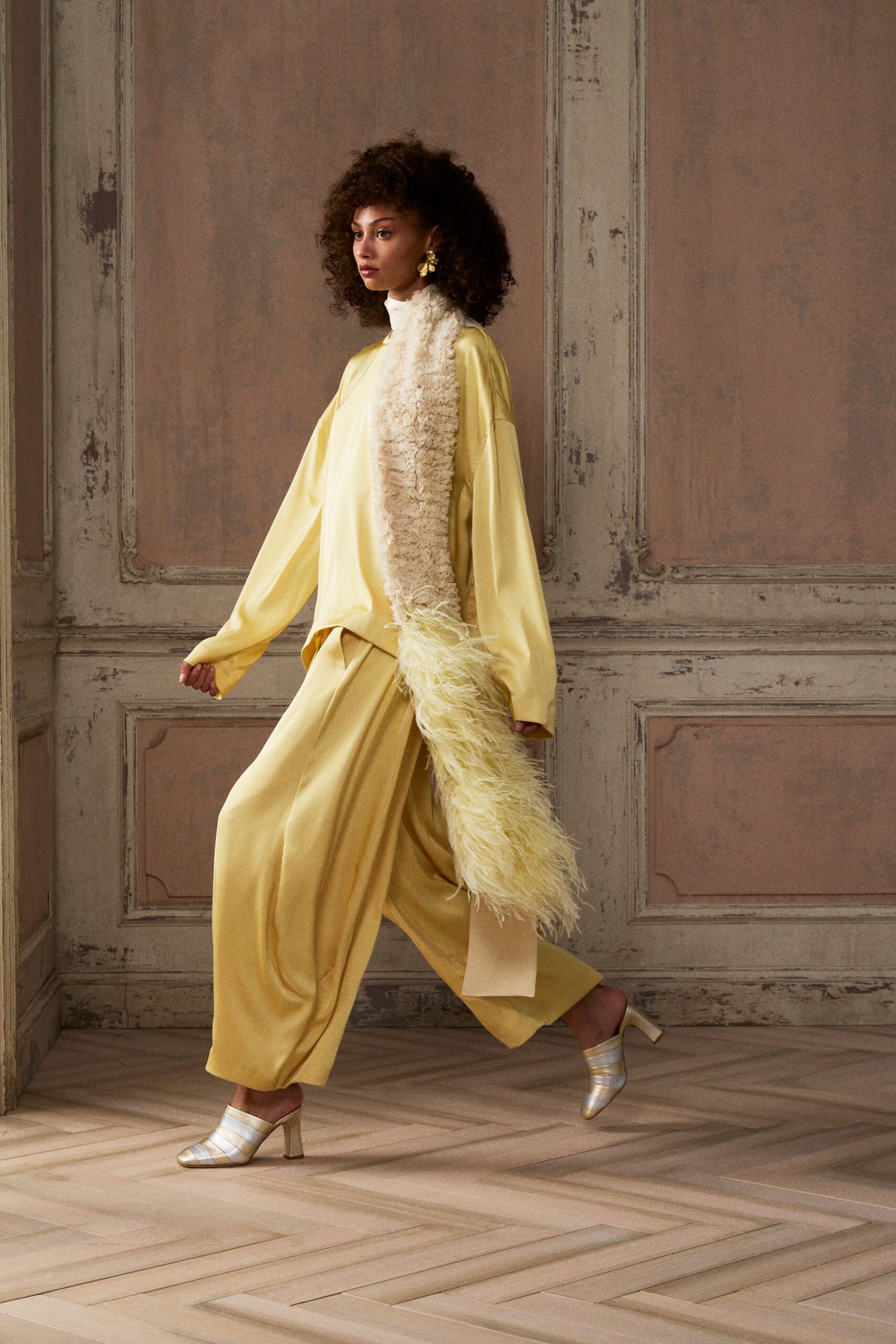 yellow silk long-sleeve high-neck oversized top