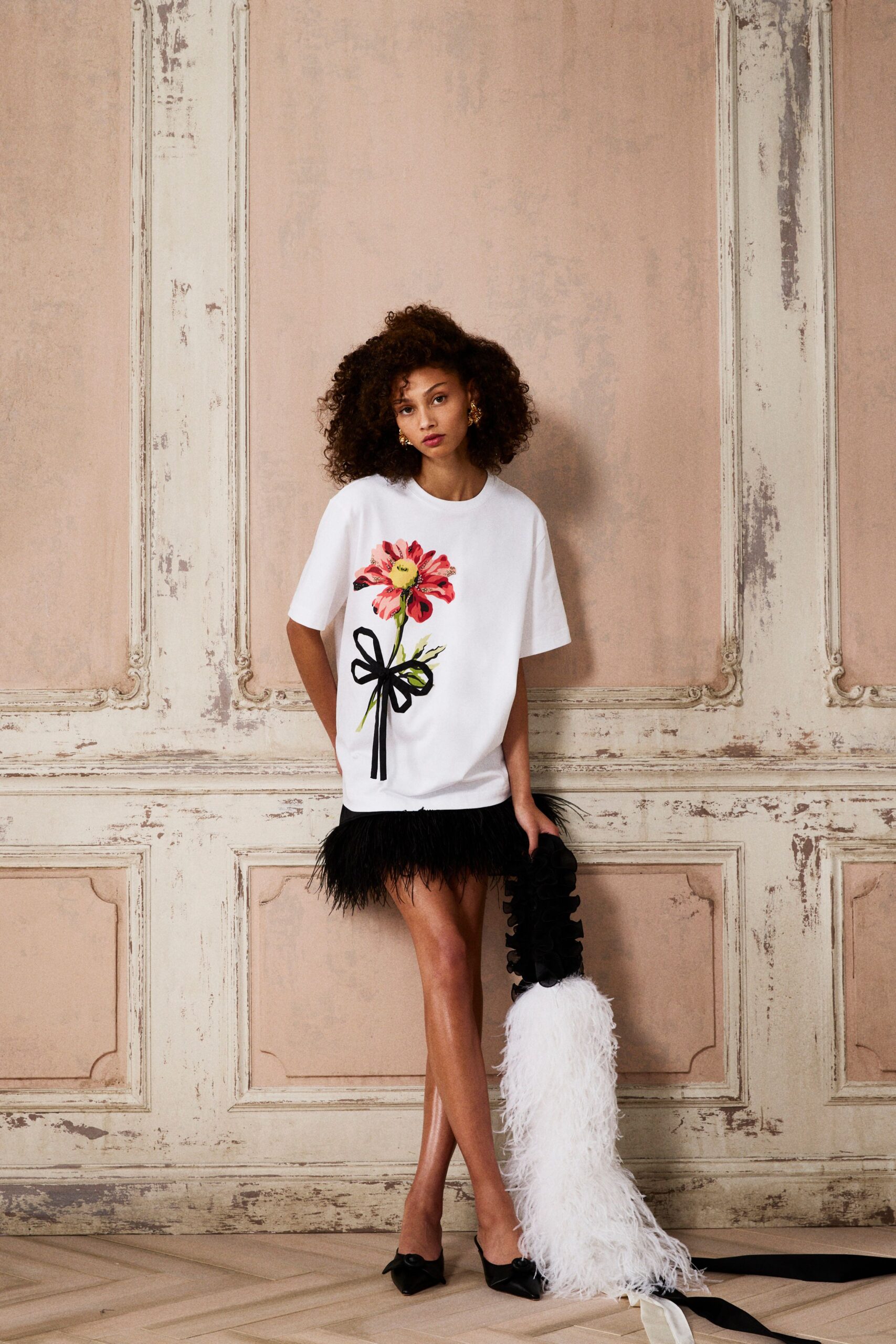 black feather fitted tiered mini skirt