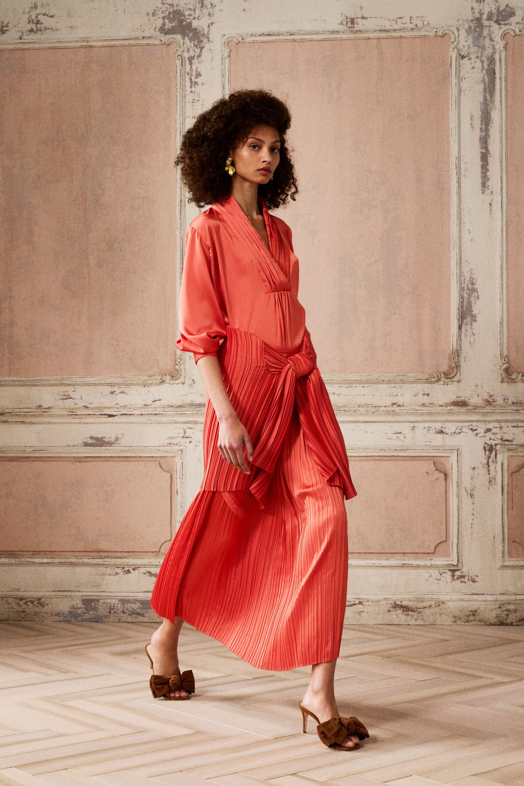 coral silk long-sleeve v-neck relaxed pleated draped dress