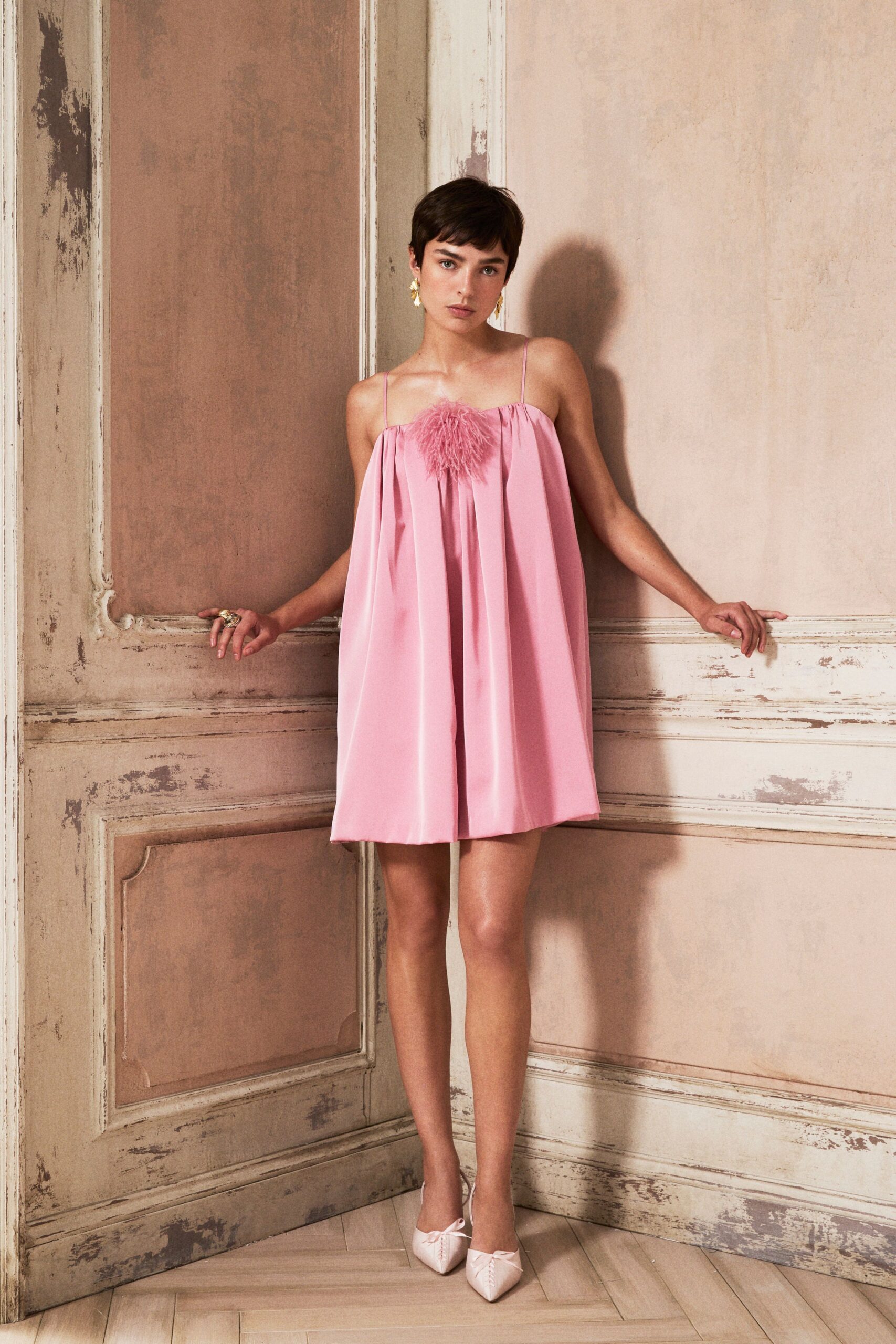 pink silk sleeveless relaxed pleated mini dress