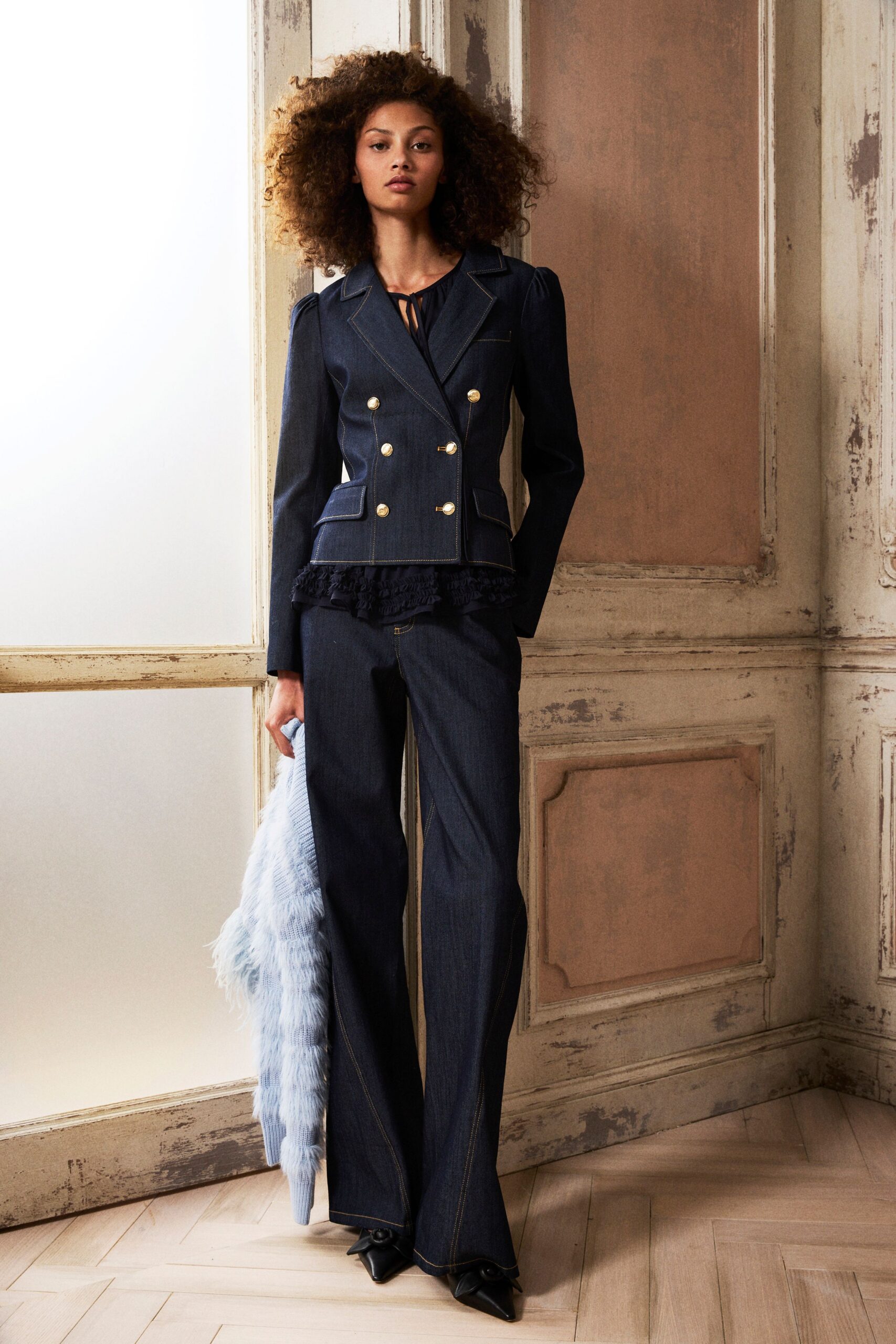 blue denim long-sleeve collared tailored buttoned blazer